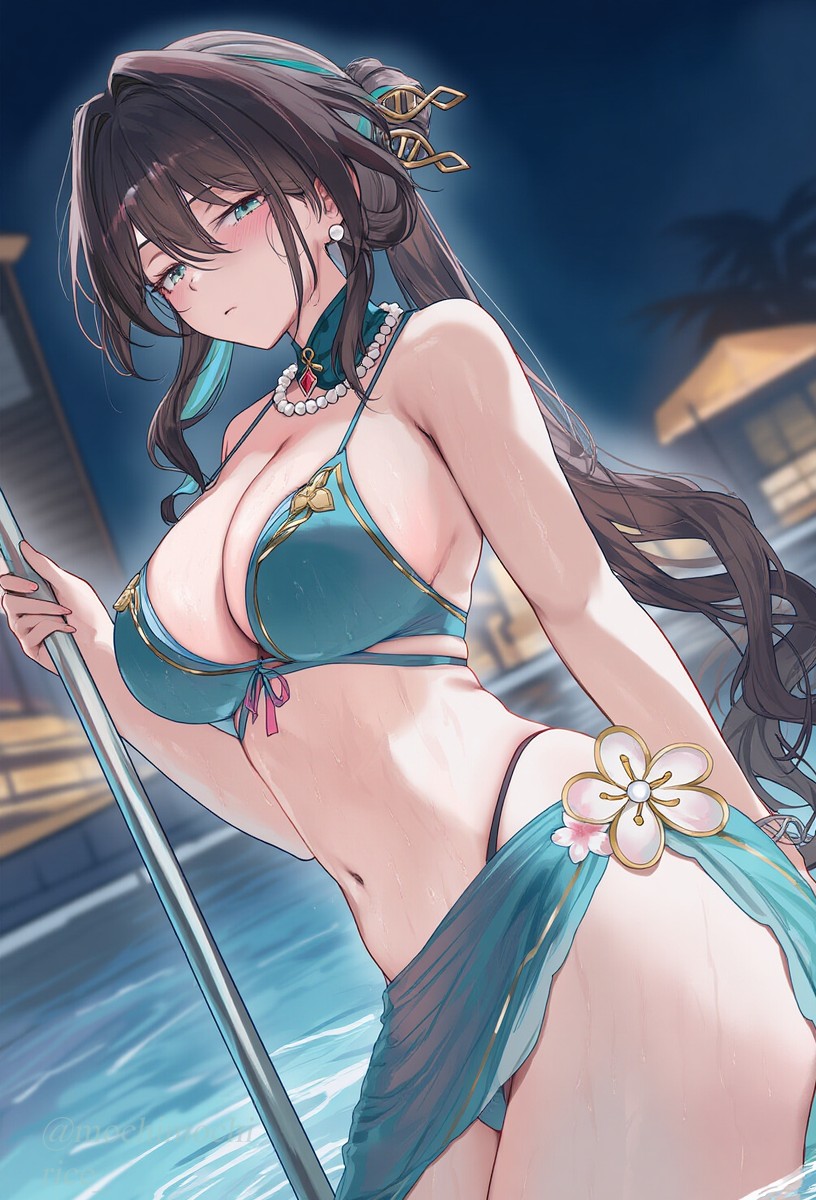 1girls, ai assisted, ai generated, big breasts, black hair, breasts, female, green eyes, green swimsuit, honkai: star rail, hoyoverse, long hair, mihoyo, mochimochirice, overboob, ponytail, pool, poolside, ruan mei (honkai: star rail), swimsuit, water