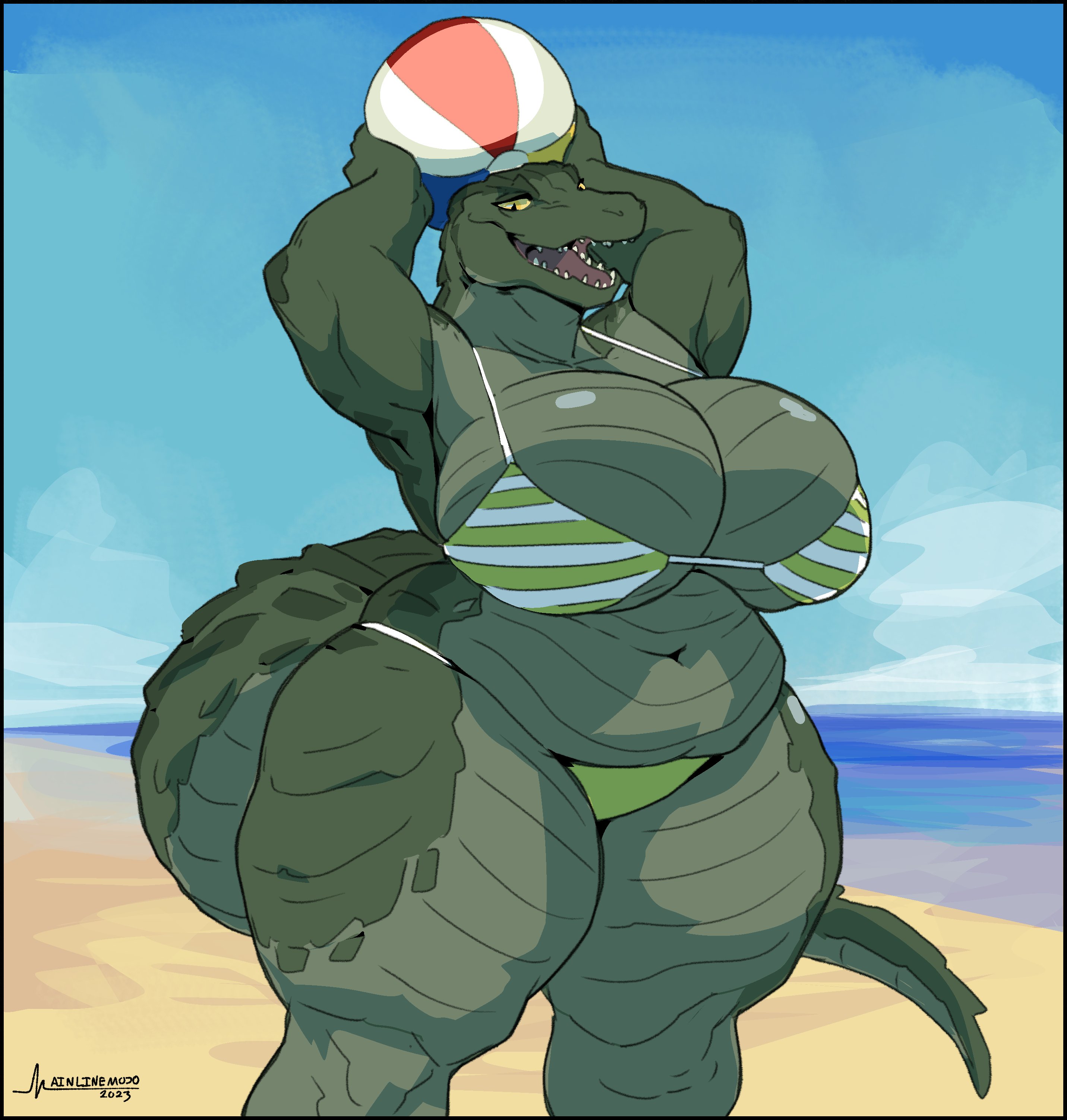 2023, absurd res, anthro, ball, beach, beach ball, big breasts, bikini, breasts, clothed, clothing, crocodile, crocodilian, curvy figure, digital media (artwork), female, greasymojo, green body, green skin, hi res, huge breasts, inflatable, mtf crossgender, multicolored body, multicolored scales, musclegut, muscular, muscular and chubby female, muscular female, navel, overweight, overweight anthro, overweight female, pupils, reptile, rule 63, scales, scalie, seaside, slightly chubby, slightly chubby female, slit pupils, solo, standing, swimwear, tail, teeth, thick thighs, two tone body, two tone scales, two-piece swimsuit, victor (chefbg), voluptuous, wide hips, yellow eyes