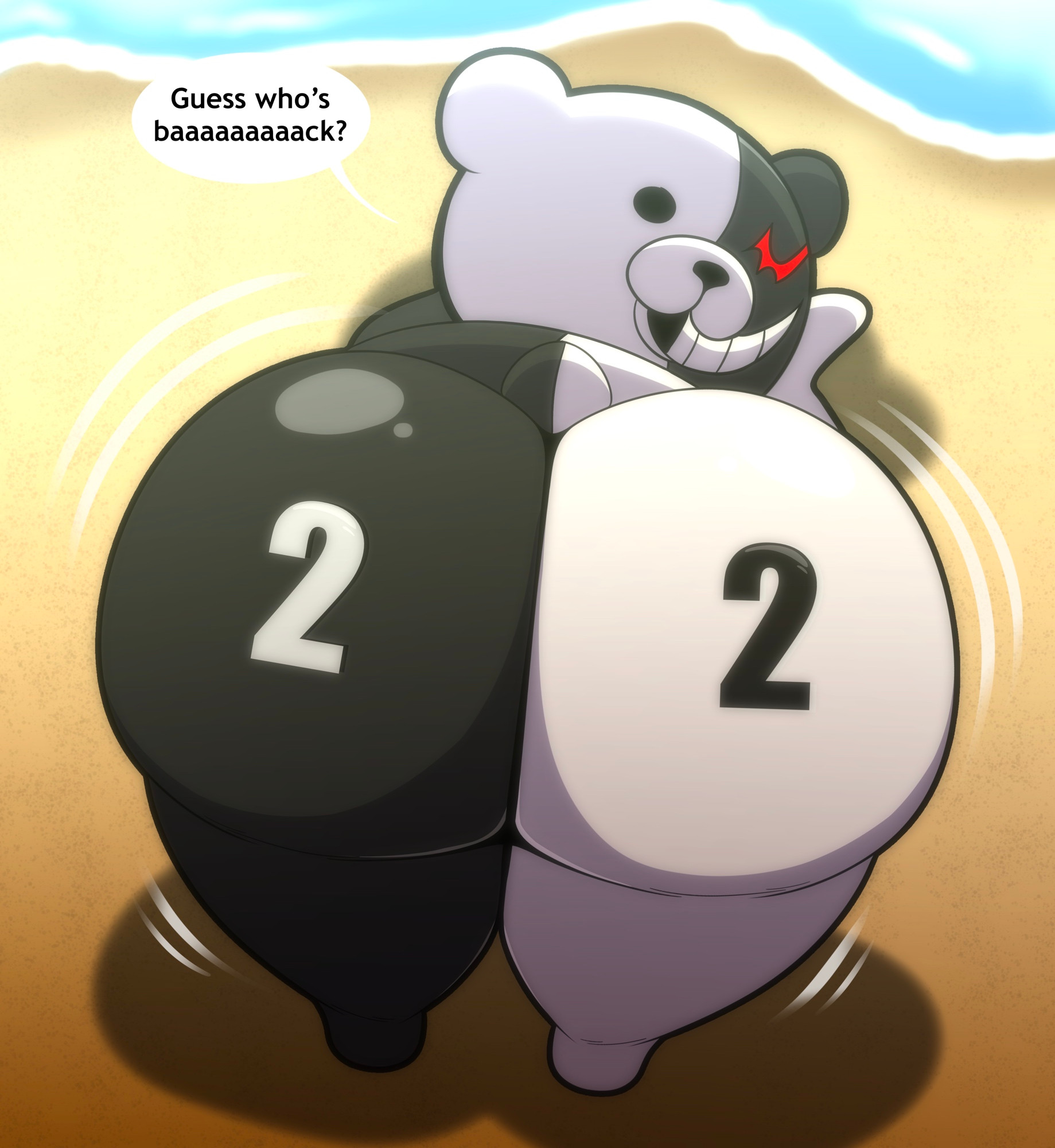 1boy, 2025, 2d, ass, beach, bending over, big ass, big butt, bubble butt, danganronpa, danganronpa 2: goodbye despair, danganronpa 2x2, femboy, gay, gay anal, grin, homosexual, homosexual male, looking at viewer, looking back at viewer, male, male focus, male only, male penetrated, male/male, monokuma, nintendo direct, no genitals, no sex, presenting hindquarters, red eye, shaking ass, short tail, smiling, smiling at viewer, solo, solo male, speech bubble, tail, talking to viewer, tattoo, tattoo on butt, tepigfan101, text, text on ass, thick thighs