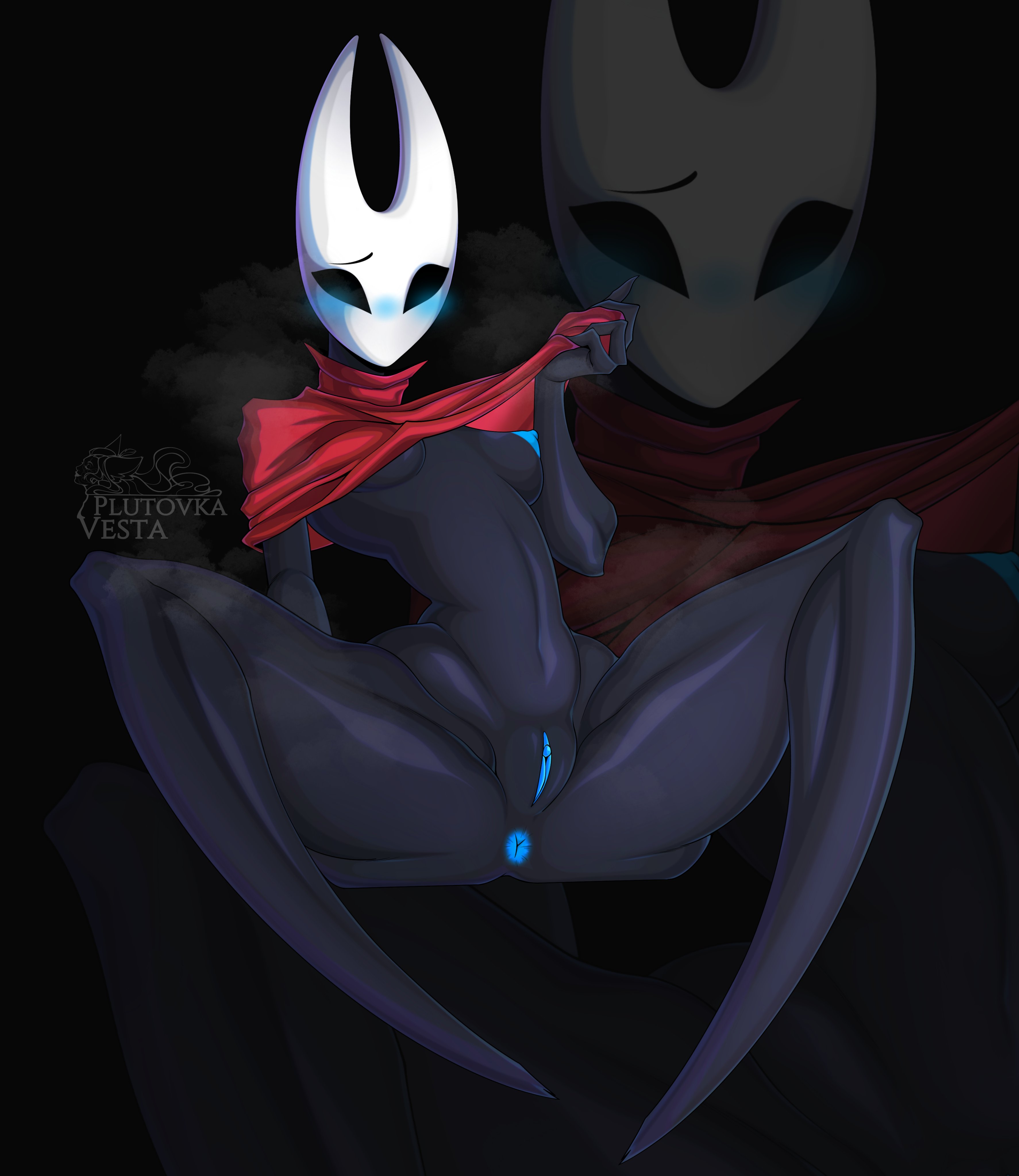 1girls, absurd res, anthro, anus, areolae, arthropod, black body, blush, breasts, cape, clothes lift, female, female only, hollow knight, hollow knight: silksong, hornet (hollow knight), insects, legs apart, looking at viewer, nipples, plutovka vesta, pussy, small breasts, solo, thick thighs