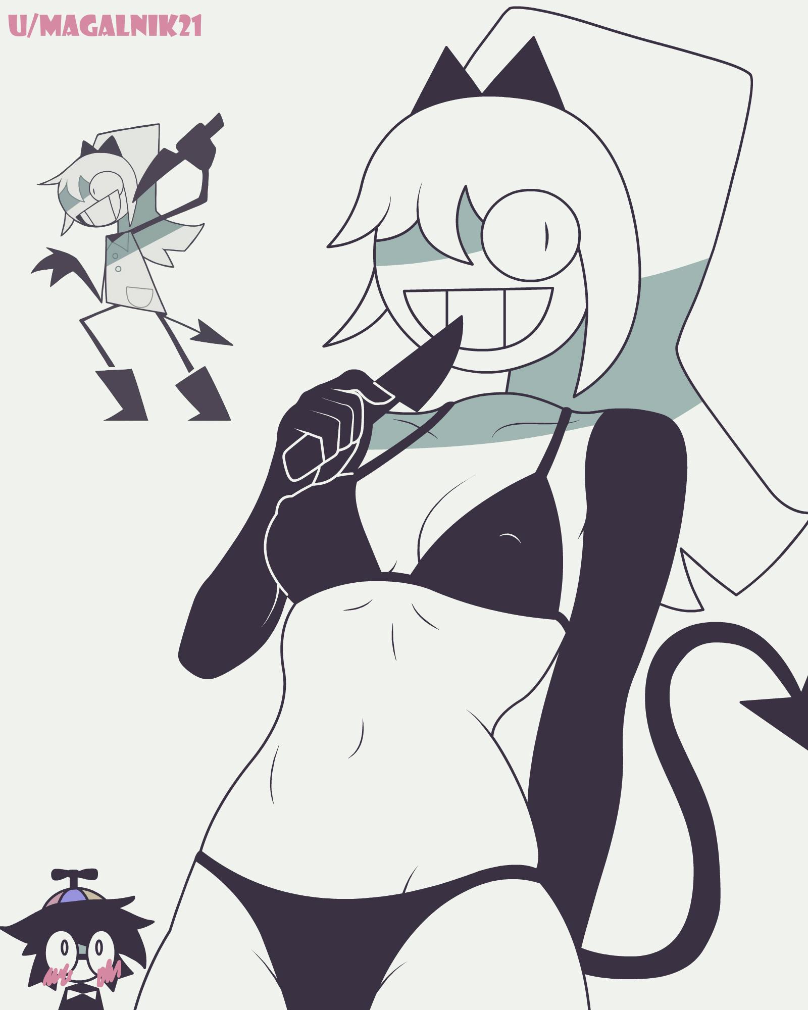 black arms, bra, female, fundamental paper education, knife, nipple outline, panties, ponytail, riley (fundamental paper education), robby (fundamental paper education), smiling, tail, white hair