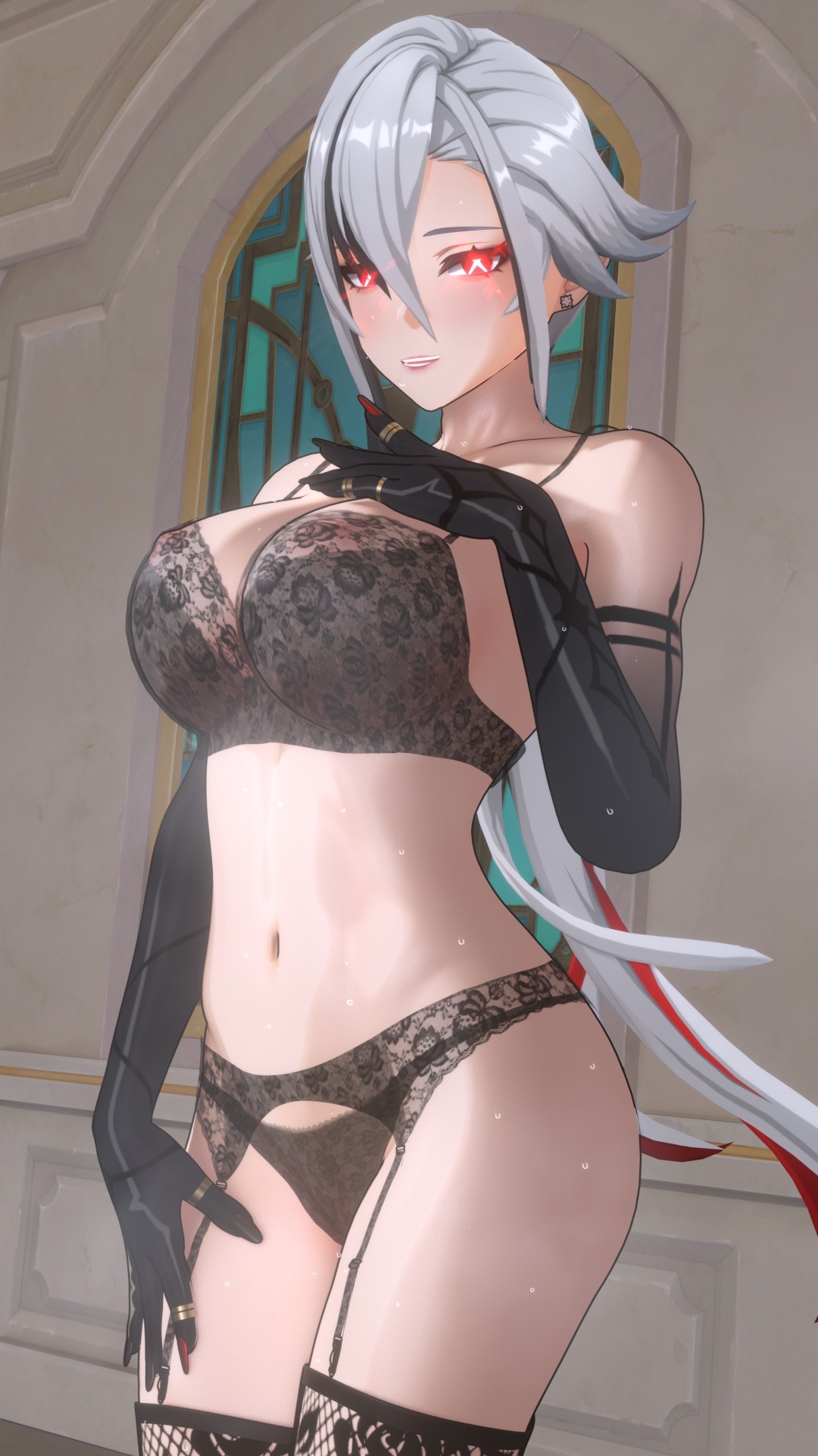 1girls, 3d, areolae, arlecchino (genshin impact), big breasts, breasts, female, female only, genshin impact, lazyprocrastinator, light-skinned female, lingerie, lingerie only, looking at viewer, mihoyo, nipples visible through clothing, panties, thighhighs