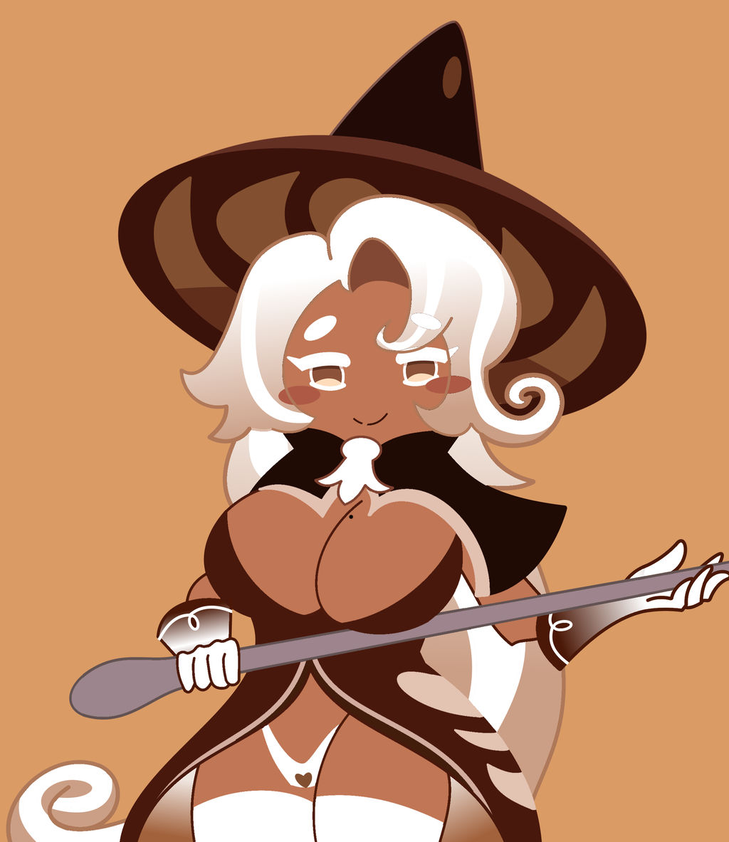 1girl, 1girls, big breasts, blush, blushing, brown background, brown body, brown eyes, brown skin, clothed, clothing, cookie run, cookie run kingdom, eyebrow through hair, eyebrows, eyebrows visible through hair, female, female focus, female only, gloves, holding object, holding weapon, latte cookie (cookie run), long hair, panties, pantyhose, smile, smiling, solo, solo female, solo focus, staff, thighhighs, thighs, very long hair, white hair, white thigh highs, white thighhighs, witch hat