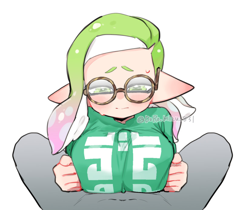 1boy, 1girls, breasts, doro mizu 831, female, glasses, green hair, green shirt, inkling, inkling girl, large breasts, male, nintendo, paizuri, paizuri under clothes, shirt, splatoon, splatoon (series), splatoon 2