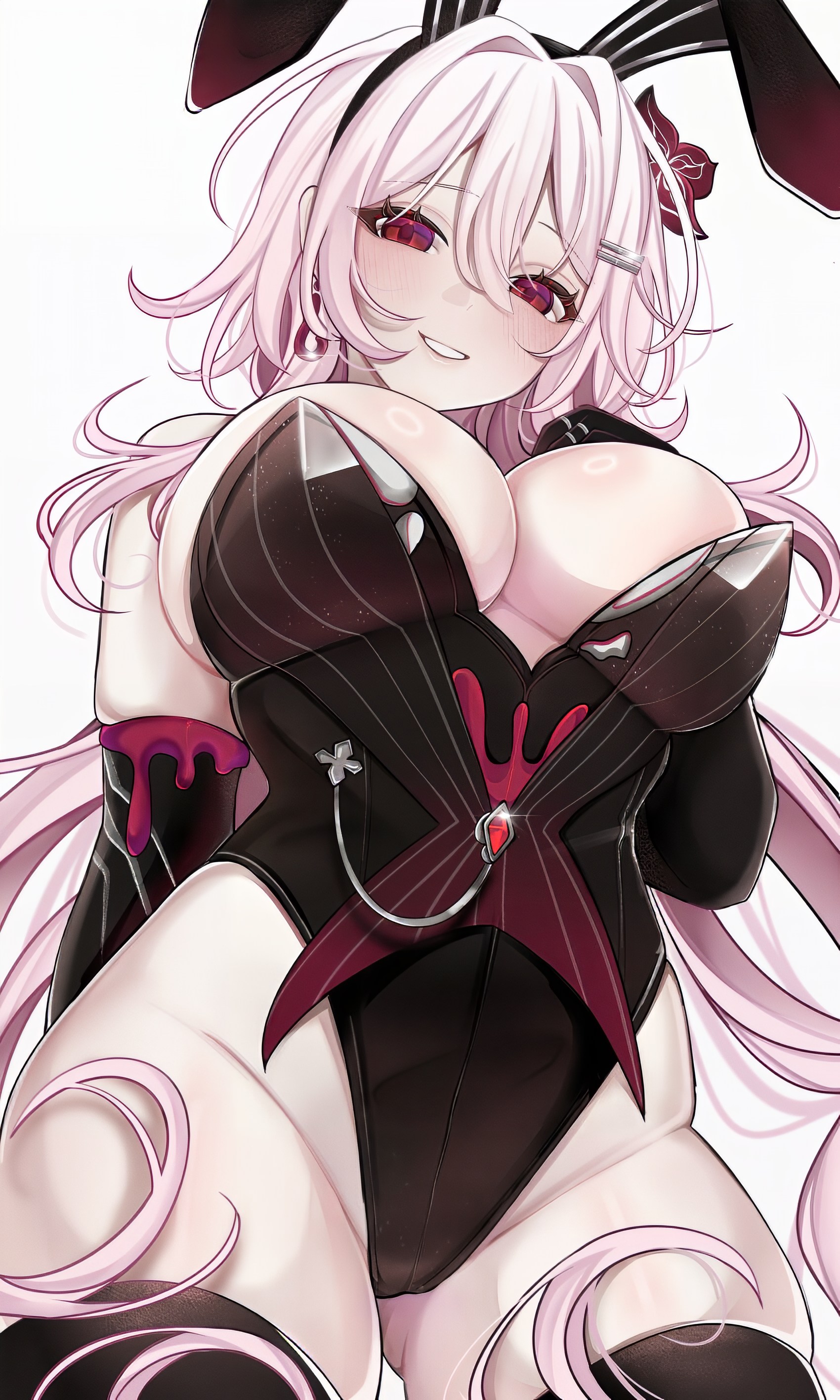 1girls, big breasts, black bunny ears, black bunnysuit, black gloves, breasts, bunny ears, bunnysuit, earrings, evernight (honkai: star rail), female, female only, hair flower, hips, hips wider than shoulders, honkai: star rail, long hair, march 7th (honkai: star rail), pink hair, red eyes, rosheil, smile, smiling