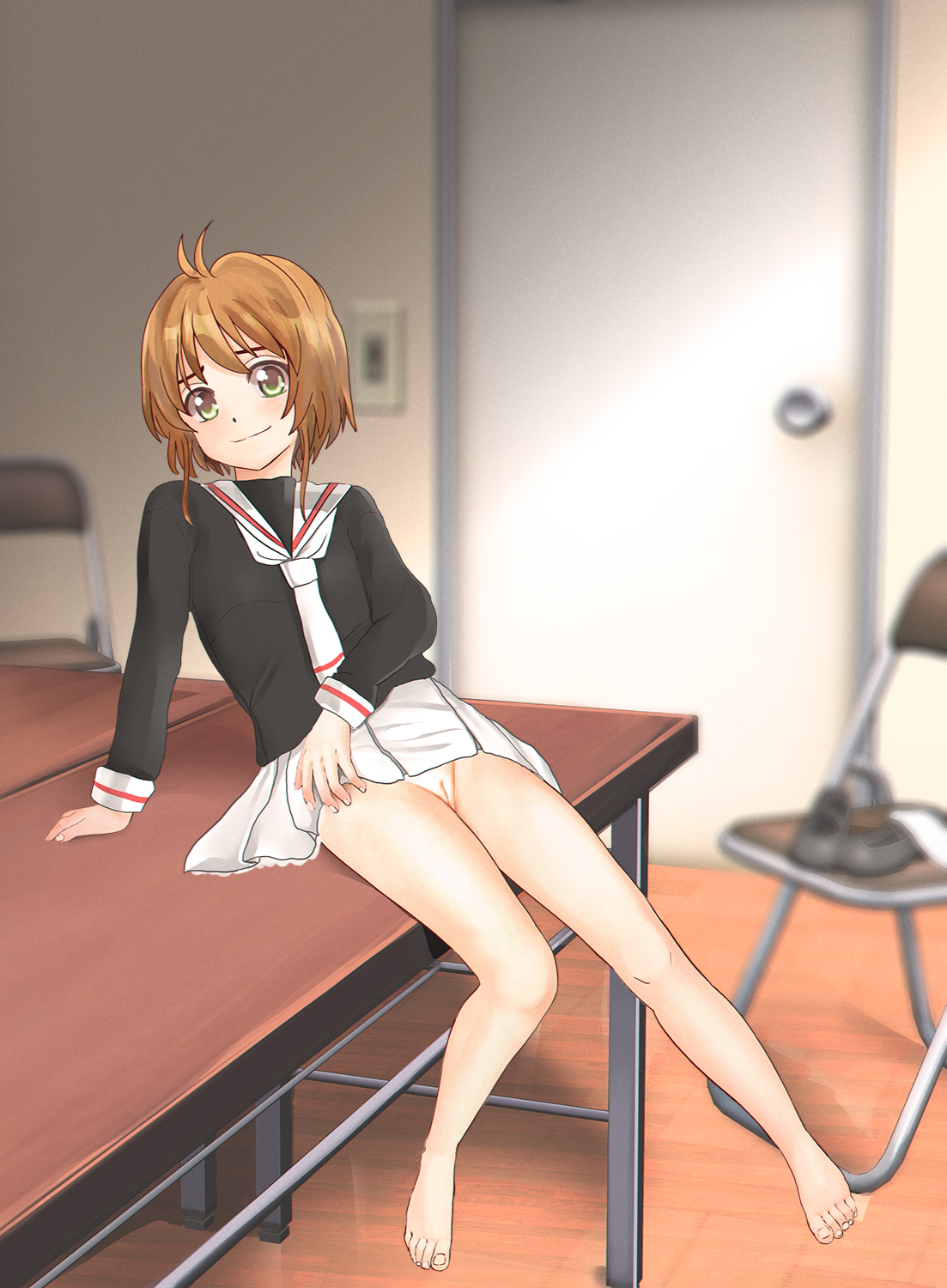 1girls, antenna hair, arm support, armad, black shirt, blurry, breasts, brown hair, cardcaptor sakura, chair, closed mouth, clothing, desk, door, dot nose, feet, female, female only, flashing, floor, human, indoors, light skin, light switch, light-skinned female, looking at viewer, necktie, no panties, no shoes, panties, presenting, presenting pussy, pussy, reflection, sakura kinomoto, school uniform, schoolgirl, shirt, shoes, shoes removed, short hair, sitting, skirt, small breasts, smile, solo, teasing, thighs, toes, uncensored, white skirt, wooden floor, young