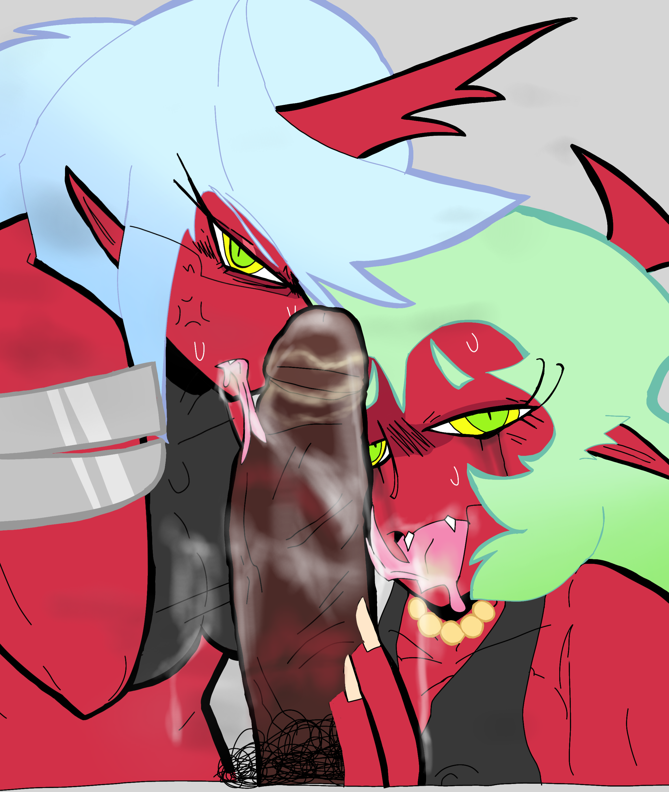 1boy, 2demons, 2girls, after oral, angry, bracelet, burntkebab, cock hungry, cock worship, collaborative fellatio, dark skin, dark-skinned male, demon, demon girl, demon girls, demons, fellatio, female, forked tongue, grey background, jewelry, kneesocks daemon, lipstick mark, lipstick on penis, male, multiple girls, panty & stocking with garterbelt, penis, pointy ears, rainbow party, scanty daemon, self upload, sisters, smegma, smegma in mouth, teamwork, tongue out