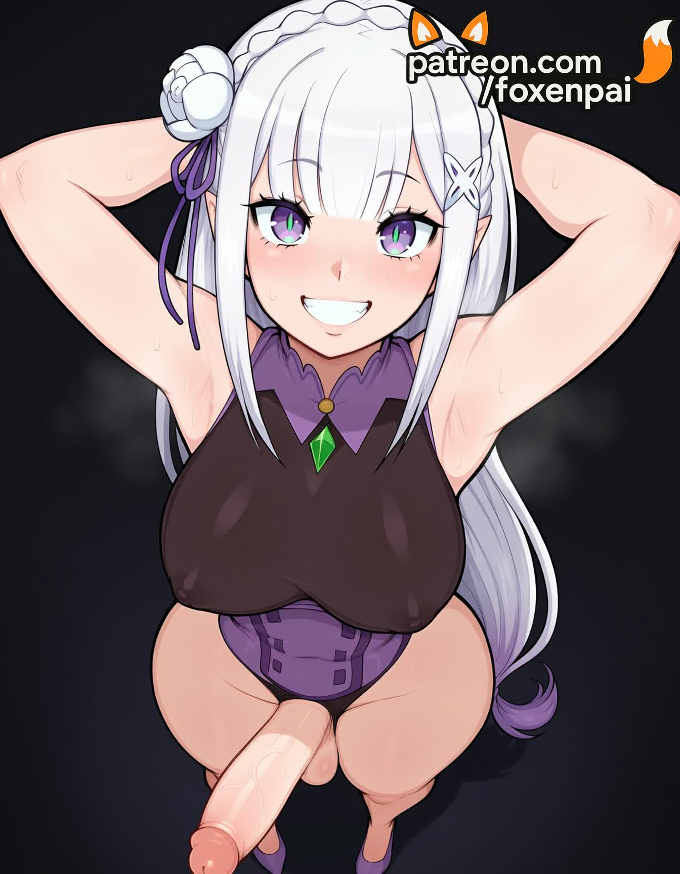 1futa, 2025, ai generated, armpits, arms behind head, artist name, bangs, bare shoulders, blunt bangs, blush, braid, breasts, bust, chest, cock, covered nipples, dick, emilia (re:zero), erection, eyebrows visible through hair, flower, foxenpai, futanari, gem, grin, hair flower, hair ornament, hair ribbon, hi res, high quality, high resolution, highres, long hair, looking at viewer, low-tied long hair, patreon, patreon username, penis, pointy ears, purple eyes, purple ribbon, re:zero kara hajimeru isekai seikatsu, ribbon, smile, solo, stable diffusion, sweat, testicles, uncensored, veins, watermark