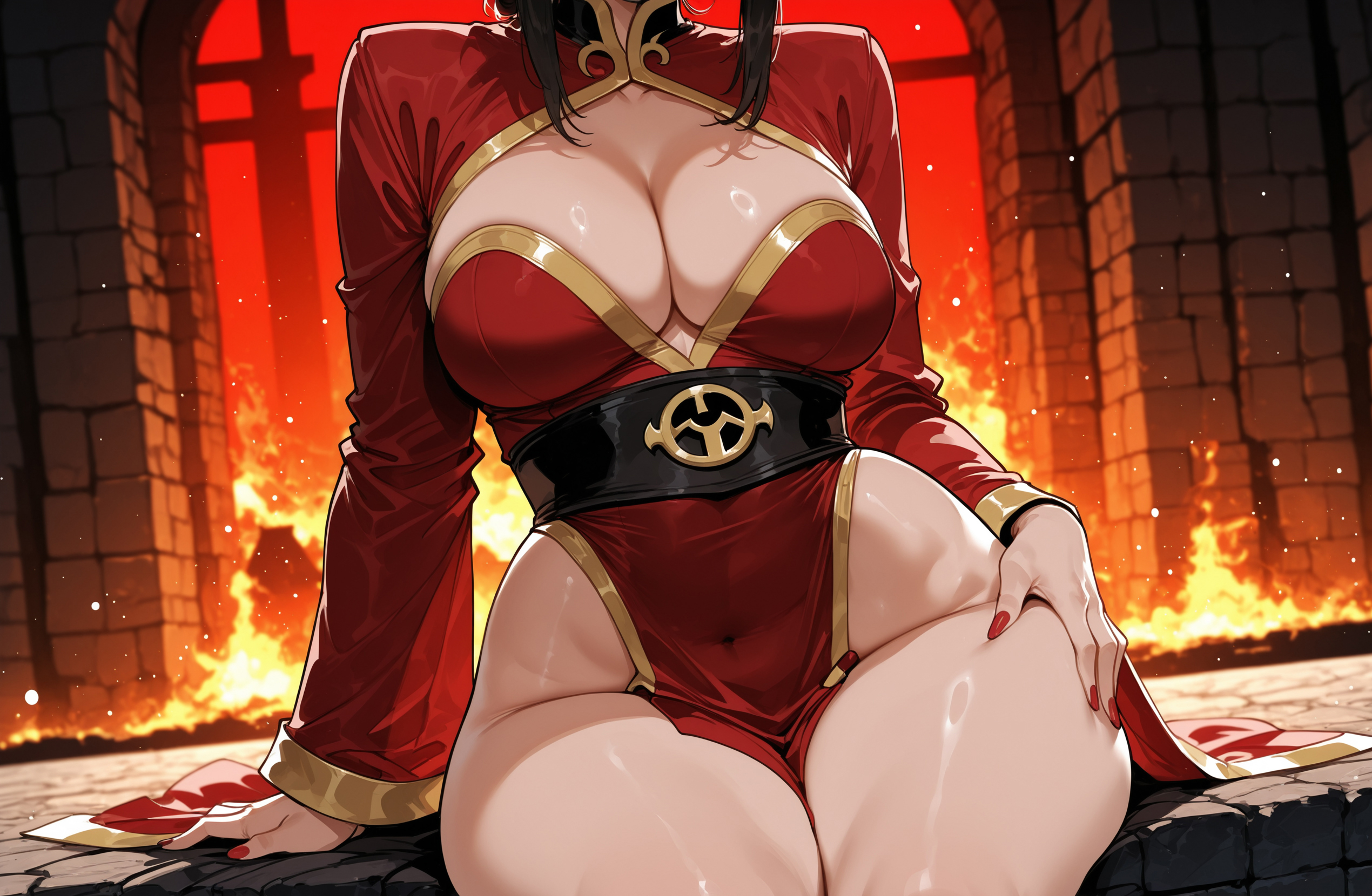 ai generated, avatar the last airbender, azula, cleavage, female, female focus, female only, golden eyes, princess, royalty, solo, solo female, solo focus, tied hair, topknot