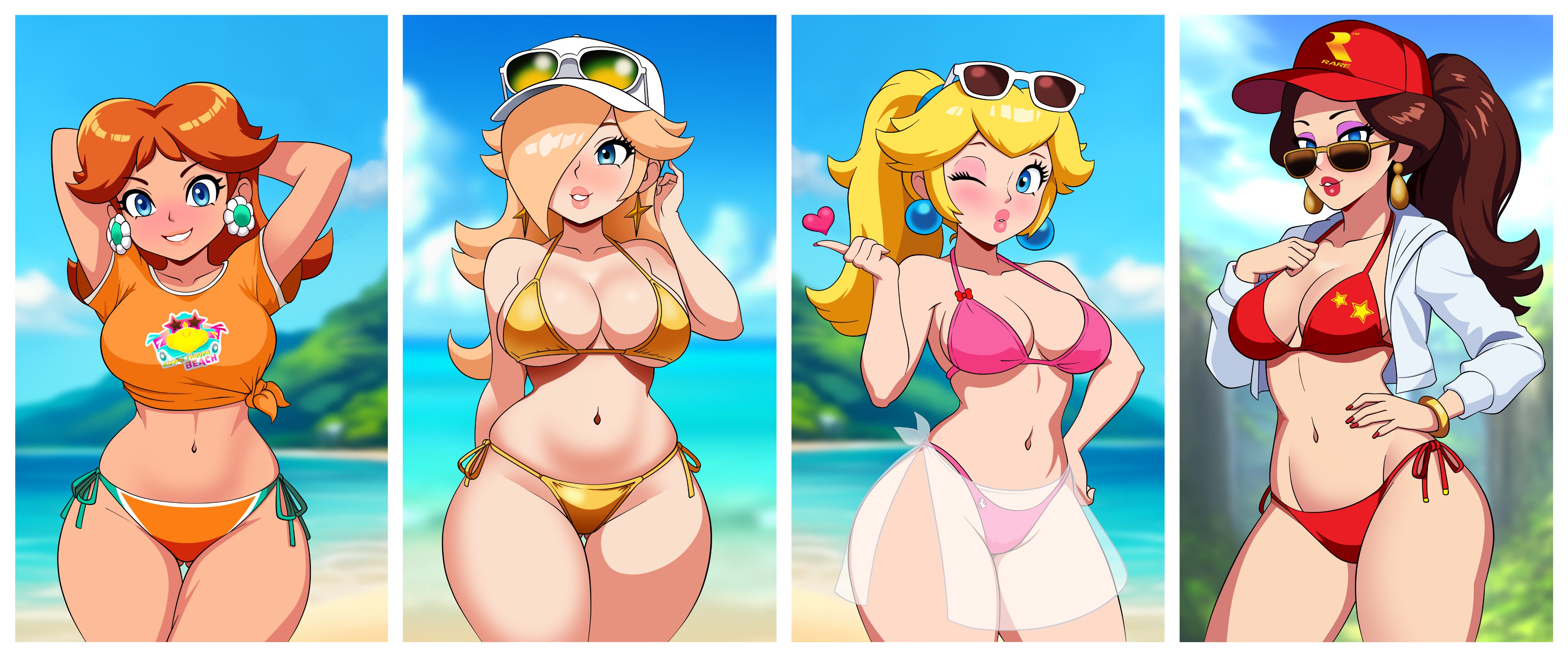 4girls, arms behind head, arms up, baseball cap, beach, beach background, big breasts, bikini, bikini bottom, blinking, blonde female, blonde hair, blonde-haired female, blowing kiss, blue eyes, blurry, blurry background, blush, blushing female, border, breasts, brown hair, busty, cleavage, cowboy shot, curvaceous, curvy, curvy figure, curvy hips, day, depth of field, donkey kong (series), donkey kong bananza, earrings, eyeshadow, female, female focus, female only, flower earrings, hair over one eye, hand on hip, heart, heart symbol, hot, hot girl, jewelry, large breasts, light skin, light-skinned female, lips, lipstick, long hair, looking at viewer, looking over eyewear, looking over sunglasses, mario (series), nail polish, navel, nintendo, ocean, one eye closed, outdoors, panties, parted lips, pauline, pear shaped female, pear-shaped figure, pink bikini, ponytail, posing, princess, princess daisy, princess peach, princess rosalina, purple eyeshadow, red bikini, red lipstick, red nails, red swimsuit, seductive, seductive look, sexy, sexy pose, shirt, short sleeves, side-tie bikini, smile, solo, star (symbol), star earrings, stomach, sunglasses, sunglasses on head, super mario bros., swimsuit, thick thighs, thigh gap, tinted eyewear, video games, water, wide hips, wide thighs, woomy1010, yellow bikini