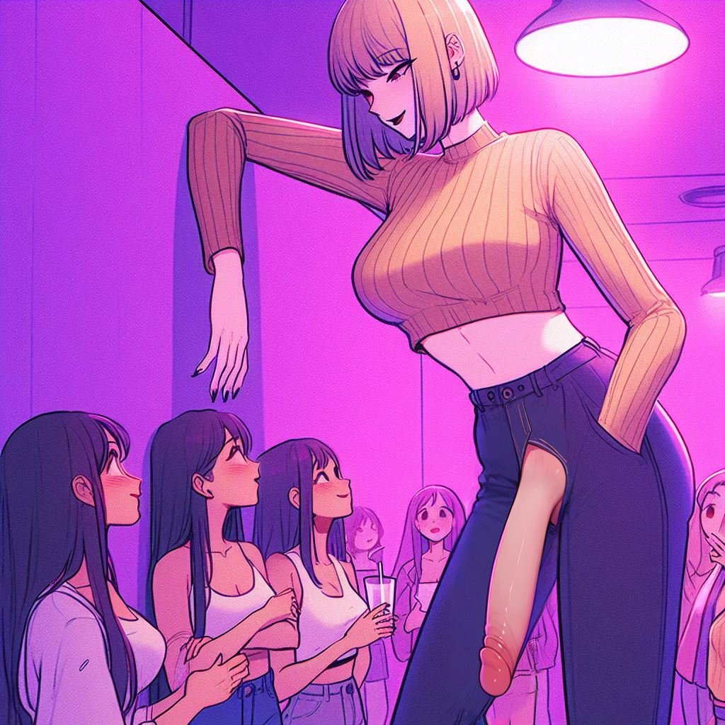 ai generated, big penis, blonde hair, clothed, clothing, female, futa on female, futadom, futanari, giantess, height difference, intersex, large penis, leaning, nightclub, penis, public nudity, size difference, spalela, turtleneck, wardrobe malfunction