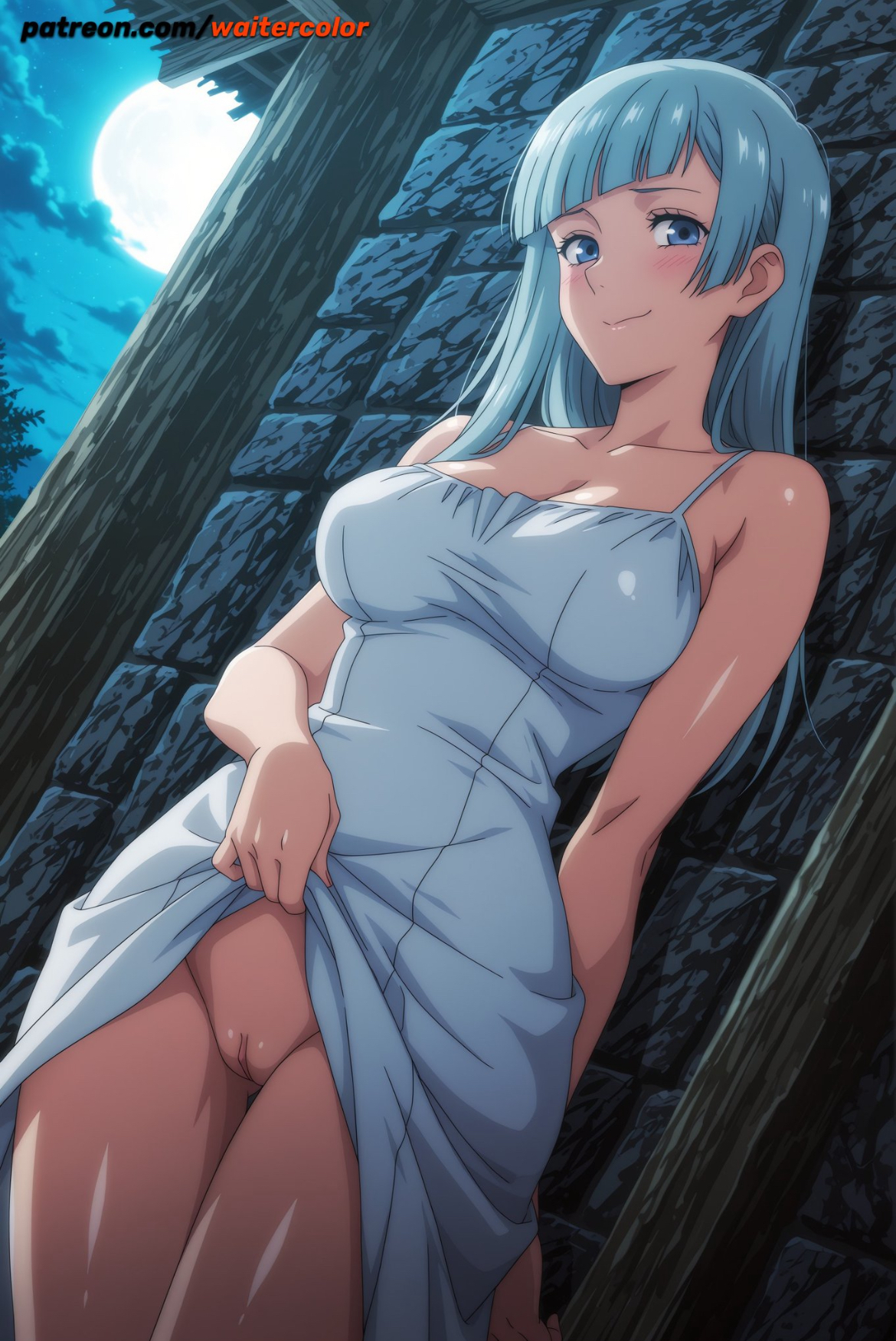 1girls, ai generated, bangs, big breasts, blue hair, curvy female, dress, dress lift, female, female only, jujutsu kaisen, kasumi miwa, lifting shirt, long hair, pussy, showing pussy, solo, thick thighs, waitercolor, wide hips