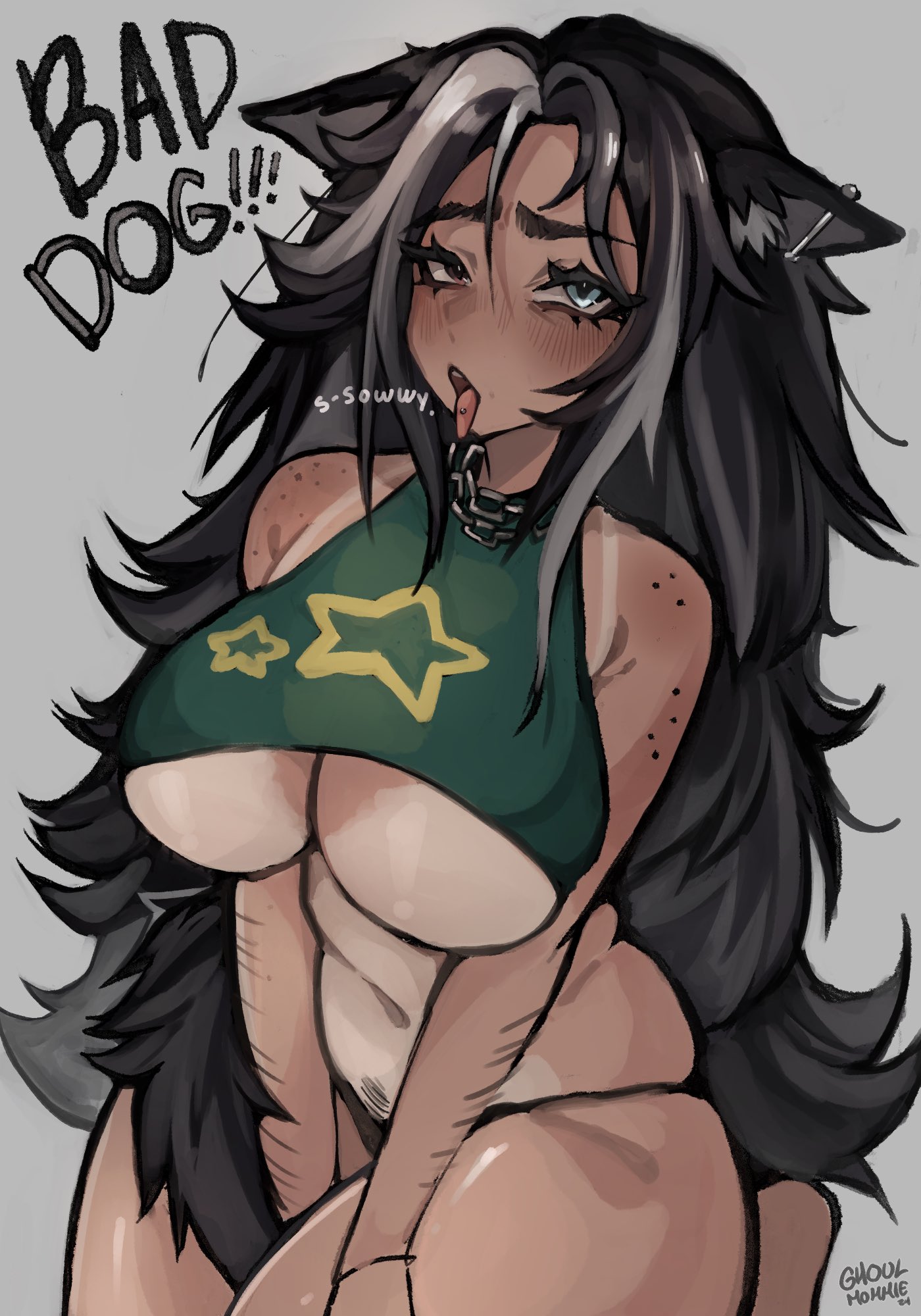 1girls, almost naked, almost nude, animal ears, animal humanoid, apologizing, big breasts, bikini tan, black hair, blush, breasts, chains, dog ears, dog girl, dog tail, female, female only, ghoulmommie, heterochromia, looking at viewer, original character, petplay, pubic hair, skimpy, skimpy clothes, skimpy outfit, spice (ghoulmommie), tagme, tanline, tanlines, tanned, tanned female, tanned skin, text, thick thighs, thighs, underboob, wide hips