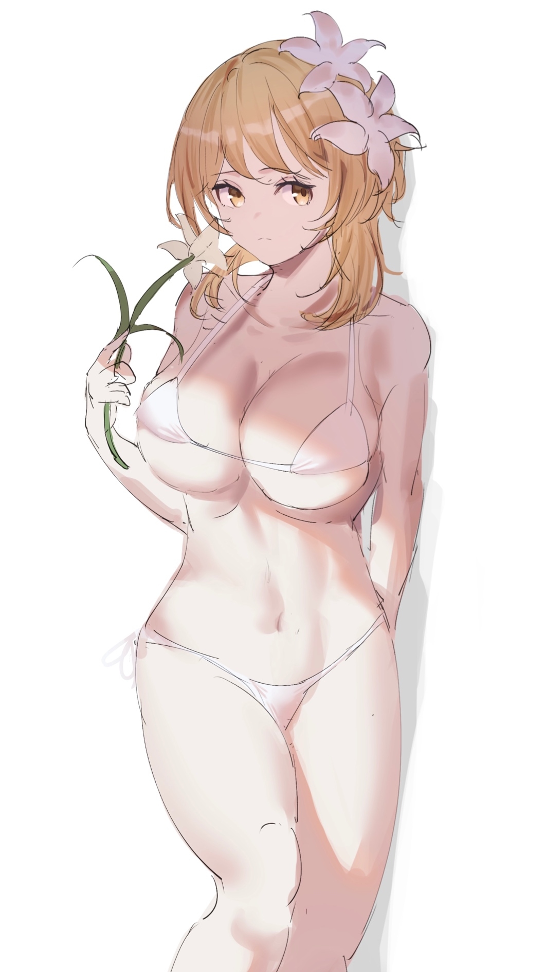 1girls, arm behind back, bare arms, bare belly, bare chest, bare hands, bare hips, bare legs, bare midriff, bare navel, bare shoulders, bare skin, bare thighs, belly, belly button, big breasts, bikini, bikini bottom, bikini only, bikini top, blonde eyebrows, blonde female, blonde hair, blonde hair female, blonde-haired female, breasts, busty, busty female, collarbone, curvaceous, curvaceous body, curvaceous female, curvaceous figure, curvaceous hips, curvaceous thighs, curvy, curvy body, curvy female, curvy figure, curvy hips, curvy thighs, digital, digital art, digital drawing, digital drawing (artwork), digital media, digital media (artwork), elbows, exposed arms, exposed belly, exposed chest, exposed hips, exposed legs, exposed midriff, exposed navel, exposed shoulders, exposed skin, exposed thighs, eyebrows visible through hair, female, female focus, female only, fingers, flower, flower hair ornament, flower in hair, flower on head, genshin impact, groin, hair ornament, hair ornaments, half naked, half nude, halterneck, hand behind back, high resolution, highres, hourglass figure, knee up, knees, large boobs, large breasts, lean figure, long hair, looking at viewer, lumine (genshin impact), midriff, naked, naked female, naked woman, narrow waist, navel, nude, nude female, nudity, plump breasts, semi nude, shoulders, side-tie bikini, simple background, slender body, slender waist, slim waist, solo, standing, string bikini, swimsuit, swimwear, thick thighs, thighs, tujigiri, upper body, white background, white bikini, white bikini bottom, white bikini top, white string bikini, white swimsuit, white swimwear, wide hips, yellow eyebrows, yellow eyes, yellow eyes female, yellow hair, yellow-haired female