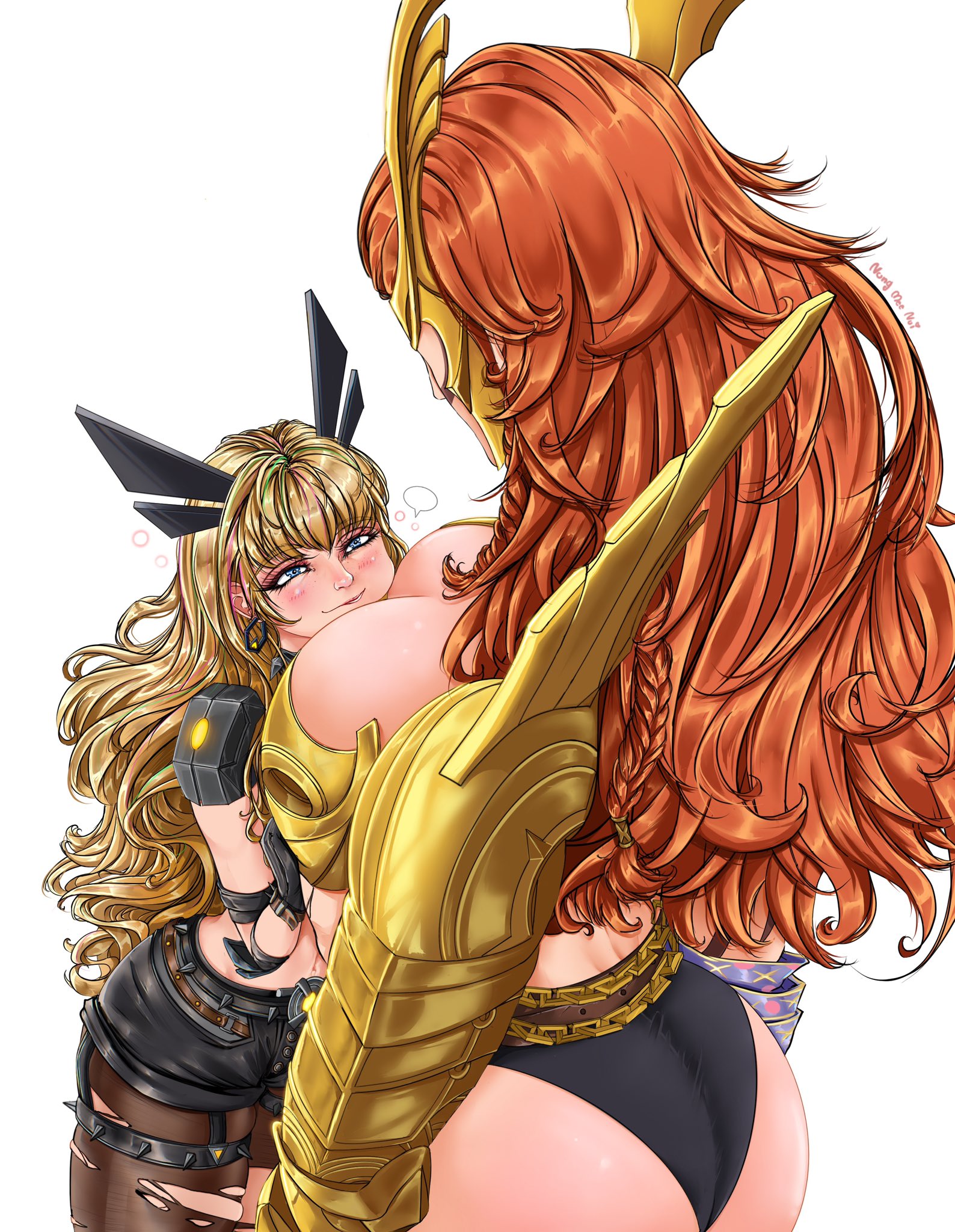 2girls, admiring, angela (aldrif odinsdottir), armor, blonde hair, blue eyes, female, heart, magik (illyana rasputin), magik (marvel rivals), marvel, marvel comics, marvel rivals, muscular, muscular female, nungmeenui, pansexual, taller female, thor (series), x-men, yuri