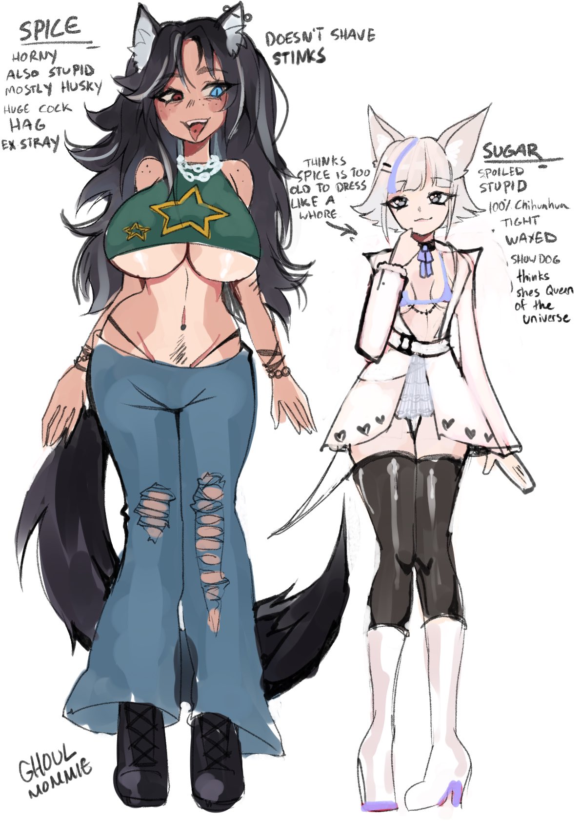 1futa, 1girls, big breasts, breasts, canine, clothed, clothing, dark hair, dog ears, dog girl, dog tail, female, fully clothed, futanari, ghoulmommie, heterochromia, hourglass figure, huge breasts, human, intersex, light skin, light-skinned female, mostly clothed, original character, original characters, skimpy, spice (ghoulmommie), tagme, tan, tan skin, tanline, text, thong straps, underboob