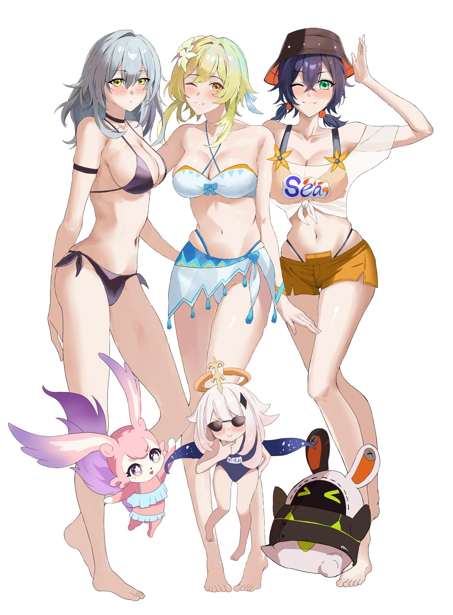 3girls, barefoot, belle (summer skies) (zenless zone zero), belle (zenless zone zero), black hair, black swimsuit, blonde female, blonde hair, breasts, bucket hat, crossover, eous (zenless zone zero), female, female only, genshin impact, green eyes, grey hair, highres, honkai: star rail, hoyoverse, lumine (genshin impact), mem (honkai: star rail), mihoyo, multiple females, multiple girls, official alternate costume, orange shorts, orange swimsuit, paimon (genshin impact), shino nome, shorts, sideboob, simple background, stelle (honkai: star rail), swimsuit, swimsuit skirt, white background, white skirt, white swimsuit, yellow eyes, zenless zone zero