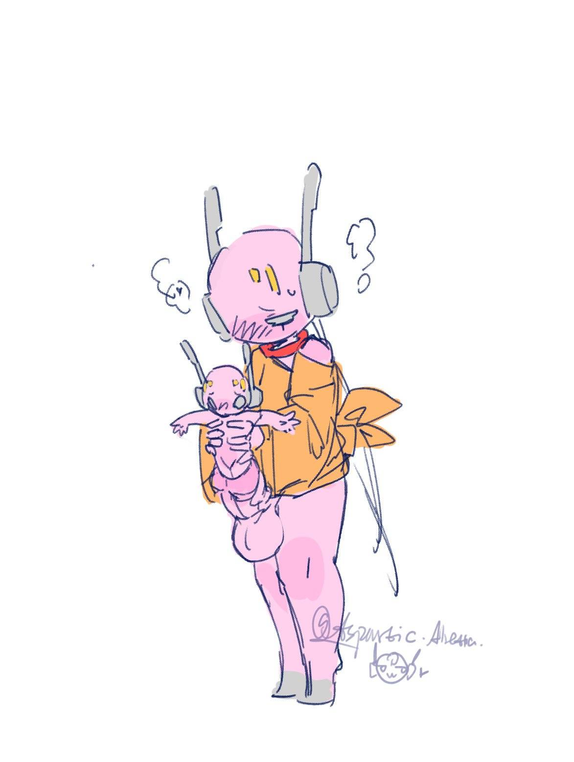 1boy, alretta (artist), antennae (anatomy), balls, blush, blush lines, blushing, cock, cock vore, collar, facial markings, feminine male, five pebbles (rain world), fleshlight position, forehead mark, heart, heart symbol, hooves, huge balls, huge cock, iterator (rain world), male, male focus, male only, masturbation, penis, pink body, plushie, plushophilia, rain world, robe, robot, robot boy, robot humanoid, selfcest, sex toy, shirt up, standing, steam, sweat, sweatdrop, sweating, thighs, toy, twink, urethra, urethral insertion, vore, wire