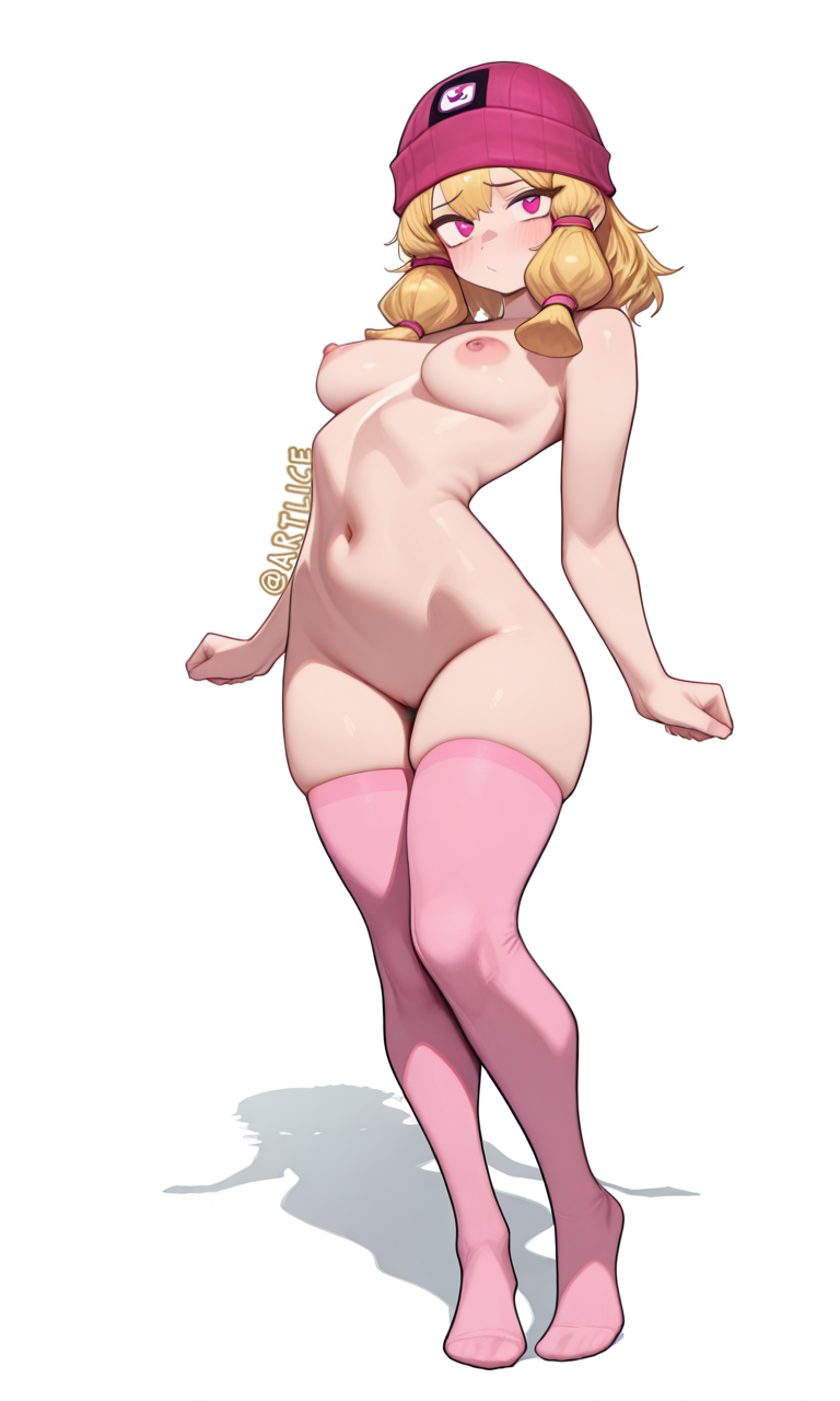 ai generated, artlice, blonde hair, brawl stars, breasts, charlie (brawl stars), female, nipples, shy, socks, thick ass, thick thighs, thighs