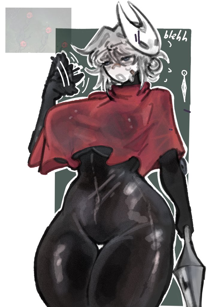 1girls, big ass, big breasts, breasts, cloak, cosplay, dialogue, female, female only, hollow knight, hornet (hollow knight) (cosplay), kayla (yufishart), oc, original character, solo, solo female, text, thick thighs, thighs, yufishart