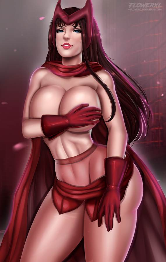 1girls, artist logo, avengers, big breasts, blue eyes, breasts, brown hair, cape, cleavage, covering, covering nipples, female, female only, fit, fit female, flowerxl, large breasts, long hair, looking at viewer, marvel, marvel comics, mutant (marvel), pinup, red cape, scarlet witch, solo, superheroine, thighhighs, upper body, wanda maximoff, x-men
