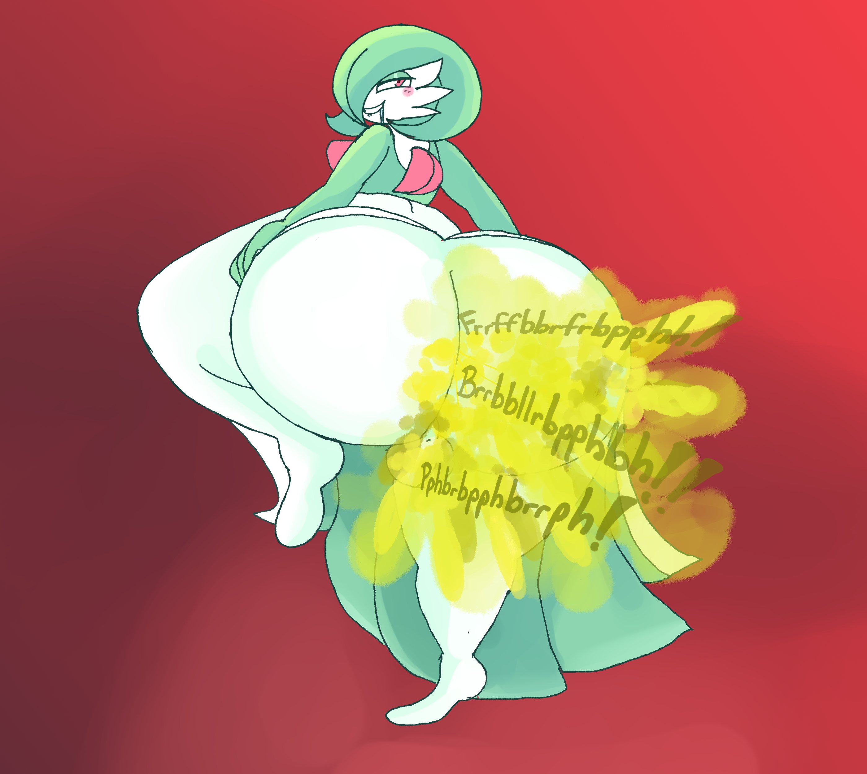 1boy, 2d, ass, backsack, balls, ballsack, big ass, big butt, dress, drool, drooling, fart, fart cloud, fart fetish, farting, farting at viewer, femboy, gardevoir, girly, green fart, green fart cloud, grinning at viewer, hand on ass, hand on hip, huge ass, huge butt, humanoid, kirbyoblue1, looking at viewer, looking back, looking over shoulder, male, male fart, male only, nonhuman, onomatopoeia, pokemon, pokemon (species), raised leg, raised leg fart, simple background, solo, solo male, text, thick thighs