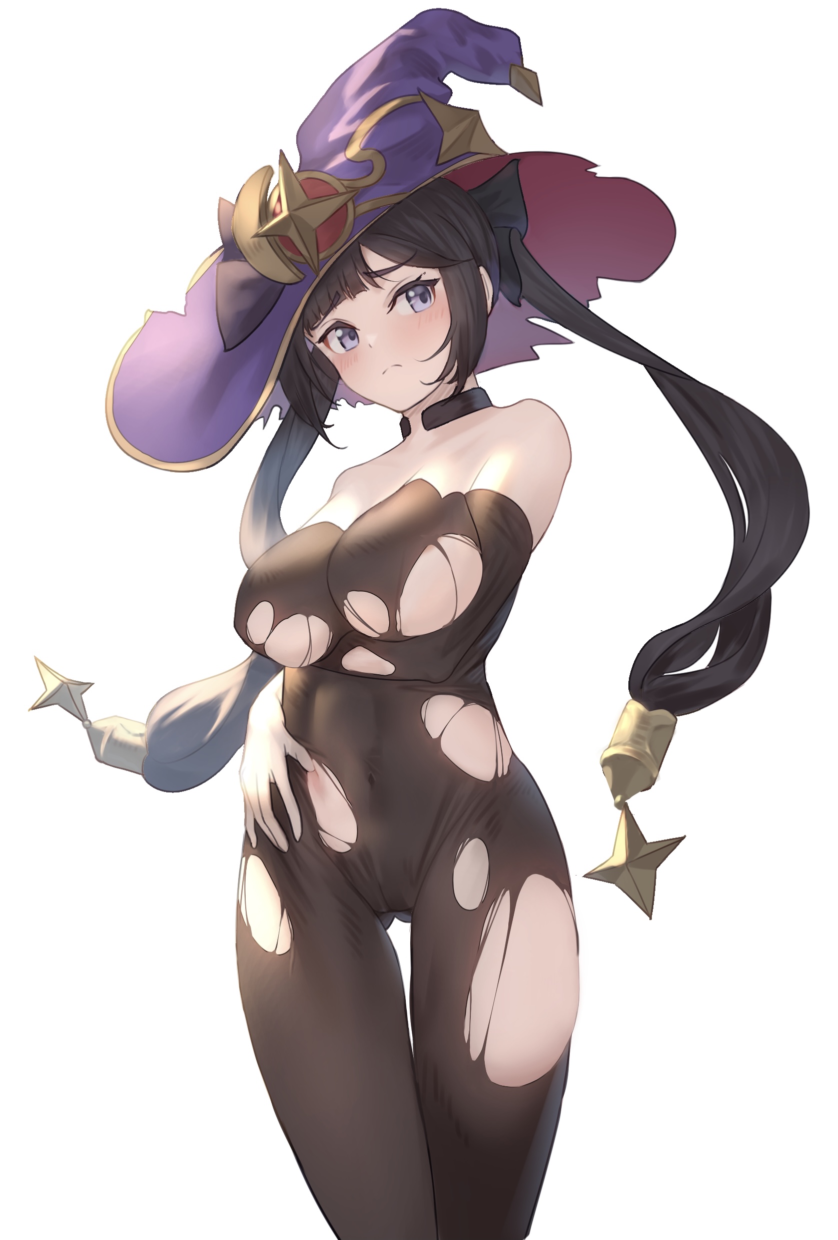 1girls, adult, adult female, arm under breasts, ass visible through thighs, belly, belly button, bewitching thighs, big breasts, black bodysuit, black choker, black hair, black-haired female, blue eyes, blue eyes female, blush, blush face, blushing at viewer, blushing female, blushing lines, bodysuit, breasts, busty, busty female, child bearing hips, choker, collarbone, curvaceous, curvaceous body, curvaceous female, curvaceous figure, curvaceous hips, curvaceous thighs, curvy, curvy body, curvy female, curvy figure, curvy hips, curvy thighs, digital, digital art, digital drawing, digital drawing (artwork), digital media, digital media (artwork), elbows, embarrassed expression, embarrassed female, eyebrows visible through hair, female, female focus, female only, fingers, genshin impact, groin, hair ornament, hair ornaments, hand on belly, hand on own belly, hand on own stomach, hand on stomach, head tilt, high resolution, highres, hourglass figure, large boobs, large breasts, lean figure, long hair, looking at viewer, mature, mature female, midriff, mona (genshin impact), narrow waist, navel, nipple bulge, partially exposed vulva, partially visible vulva, plump breasts, pussy, ripped bodysuit, shoulders, sidelocks, simple background, slender body, slender waist, slim waist, solo, standing, thick thighs, thigh gap, thighs, tilted head, torn bodysuit, tujigiri, twintails, twintails (hairstyle), upper body, white background, wide hips, witch hat