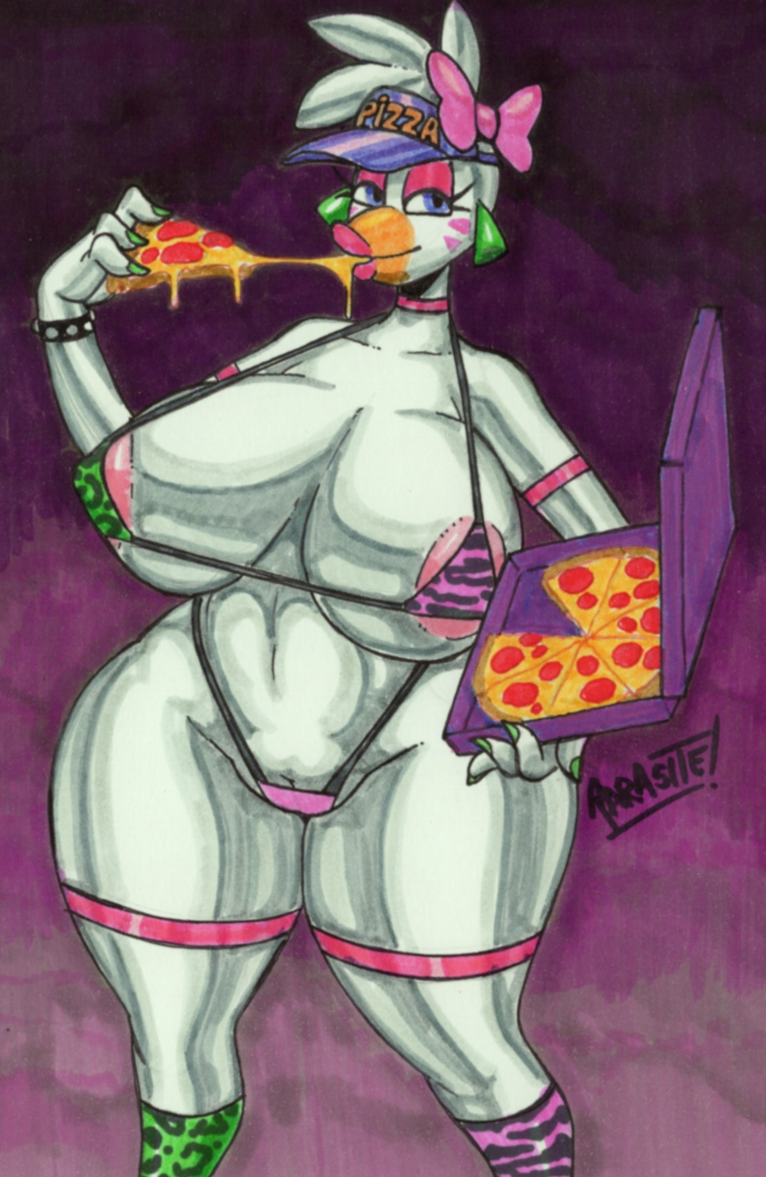 1girls, animatronic, anthro, big breasts, big thighs, bikini, breasts, chicken, curvaceous, curvaceous female, curvaceous figure, curvy, curvy figure, female, fingernails, five nights at freddy's, five nights at freddy's: security breach, glamrock chica (fnaf), graphite (artwork), green fingernails, marker (artwork), parasitedeath, pink bow, pizza, pizza box, solo, tagme, thighs, thighs bigger than head, traditional media (artwork), white body