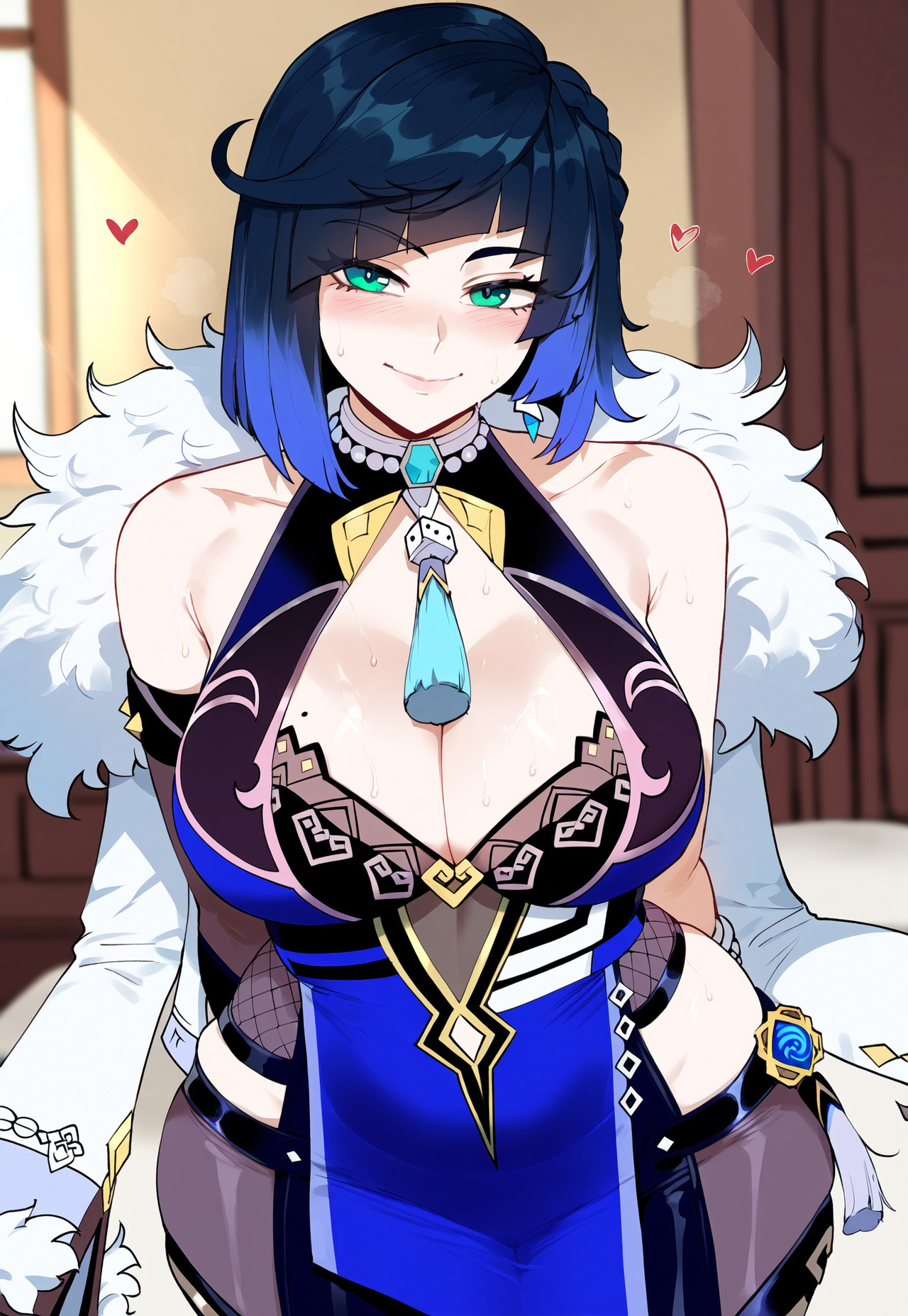 1girls, ai generated, big breasts, black hair, blue eyes, breasts, female, female focus, genshin impact, green eyes, hips, huge breasts, juuicyai, large breasts, mature female, milf, thick thighs, thighs, two-tone hair, wide hips, yelan (genshin impact)