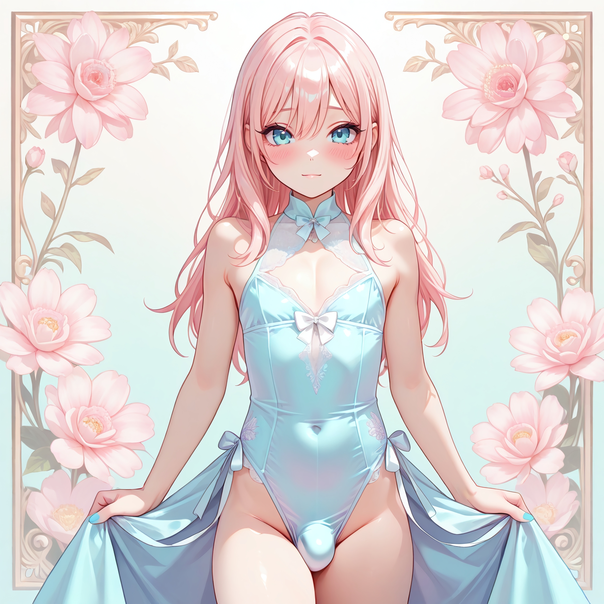 1boy, 1femboy, ai generated, bare shoulders, blue eyes, bulge, crossdressing, crossdressing male, cute, eyelashes, femboy, feminine faced male, feminine male, leotard, light skin, light-skinned femboy, long hair, looking at viewer, male, male only, penis, penis under clothes, pink hair, protocat, self upload, solo, solo femboy, trap