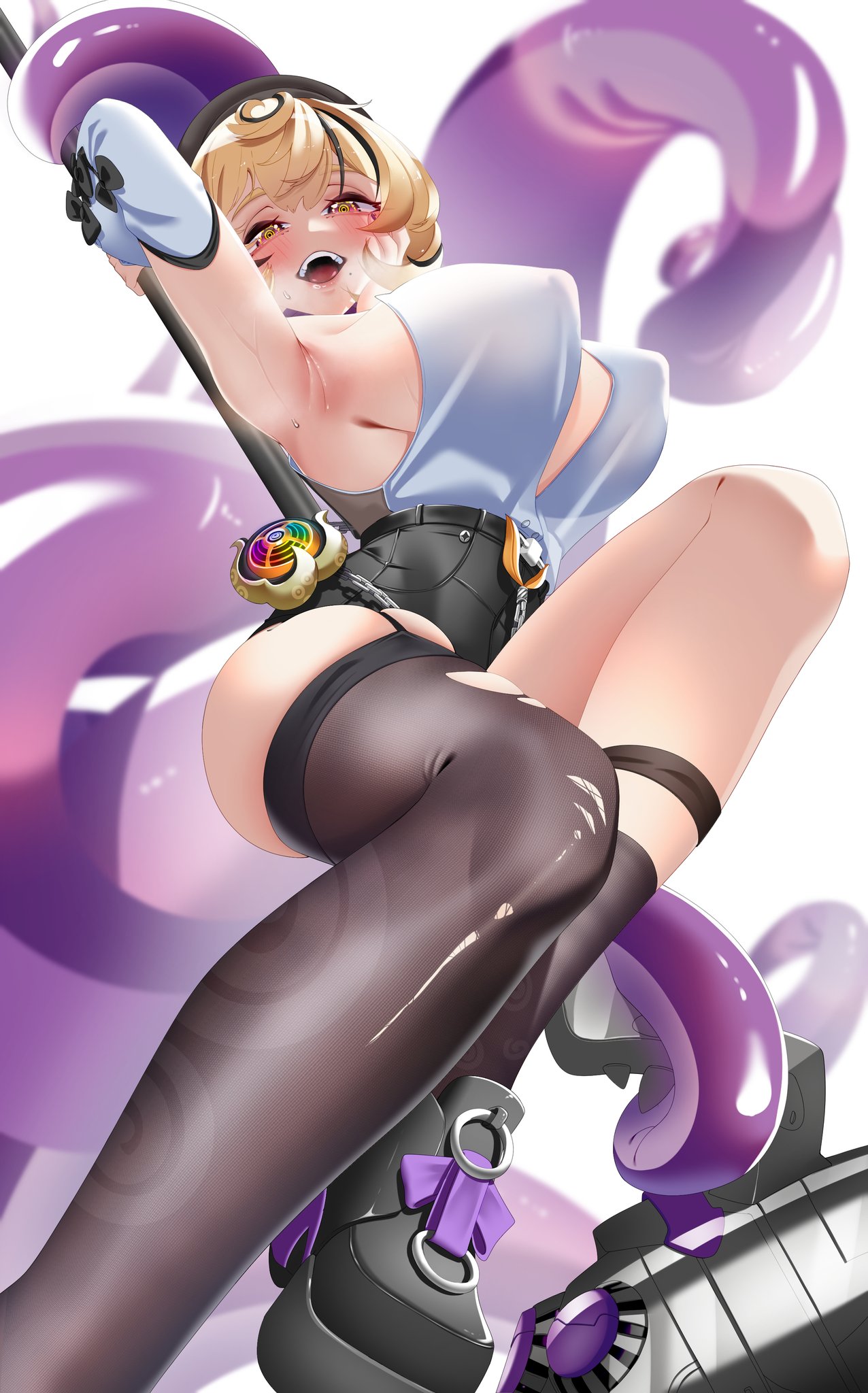 arm behind back, arm up, armpit crease, armpits, ass, bent legs, big ass, big breasts, big thighs, blonde female, blonde hair, blush, boob window, breasts, button down shirt, button gap, buttons, cleavage, crazy eyes, detached sleeves, erect nipples, eyelashes, female, female only, fingernails, hammer, hand on own face, hands on weapon, hat, high heels, high waisted shorts, hoyoverse, looking at viewer, looking down, looking down at viewer, lyinart, mole, nail polish, nipple visible through clothes, octopus girl, open mouth, pole dancing, purple nails, seductive pose, short hair, shorts, sideboob, solo, stockings, stripper pole, sweat, sweatdrop, tentacle, tentacle holding object, tentacle tail, thick thighs, thigh squish, thighs, thiren, torn clothing, torn stockings, two-tone hair, visible breath, warhammer (weapon), weapon, yidhari murphy, zenless zone zero