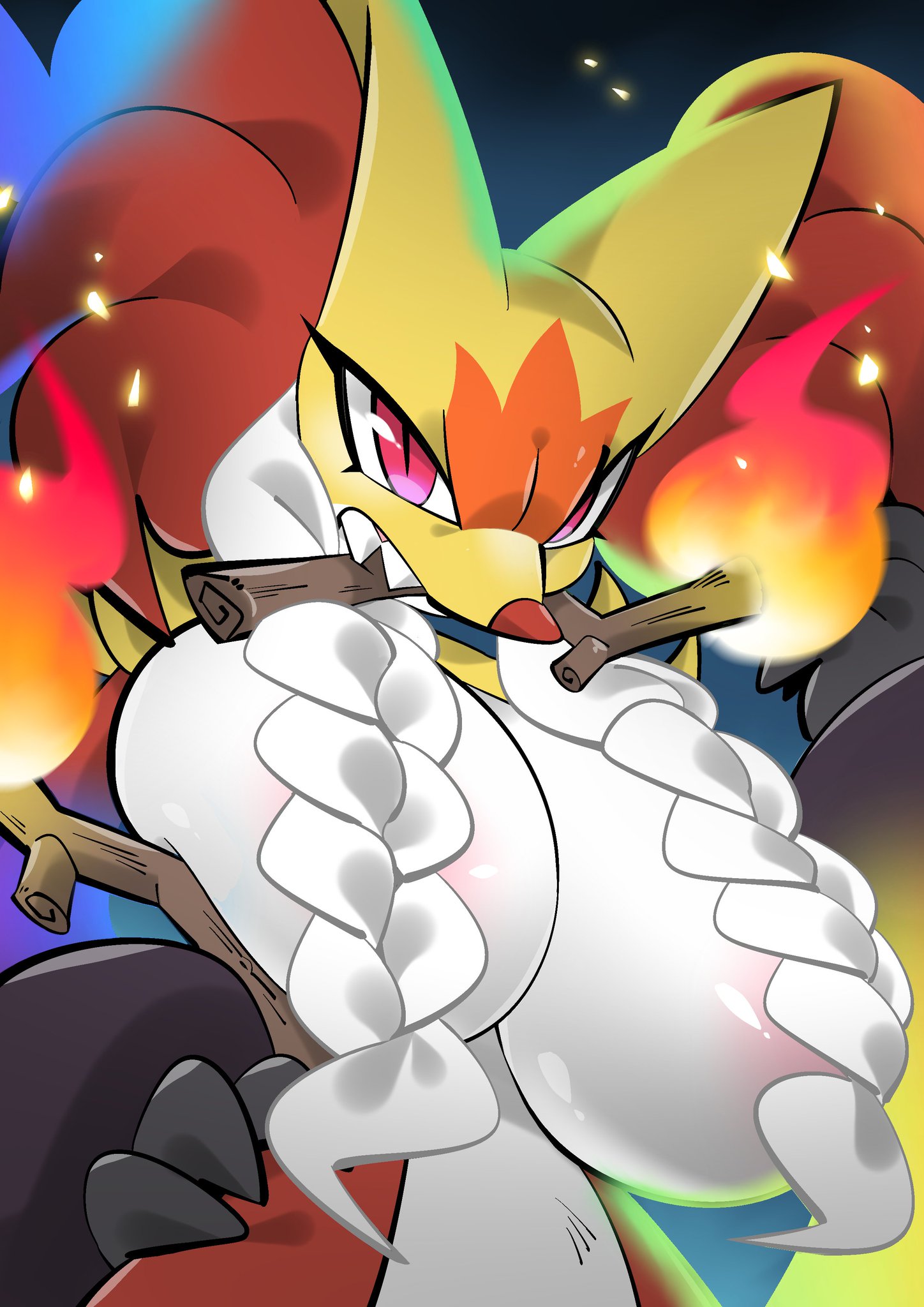 1girls, big breasts, breasts, breasts almost out, delphox, female, female only, fire, fox, game freak, hand on hip, mahoxy, mega delphox, mega evolution, mega mahoxy, monodie, nipples covered, pink eyes, pokemon, pokemon (species), pokemon legends: z-a, pokemon only, red fur, solo, wand, yellow fur