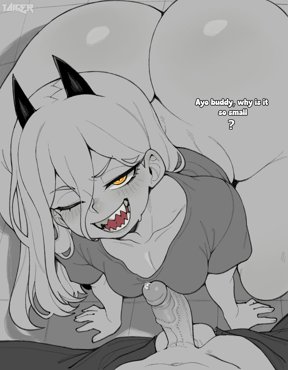 1boy, 1girls, ass, chainsaw man, female, gigantic ass, huge ass, kneeling, male, male pov, massive ass, penis, pov, power (chainsaw man), precum, precum bubble, sharp teeth, small penis, small penis humiliation, taigerarts