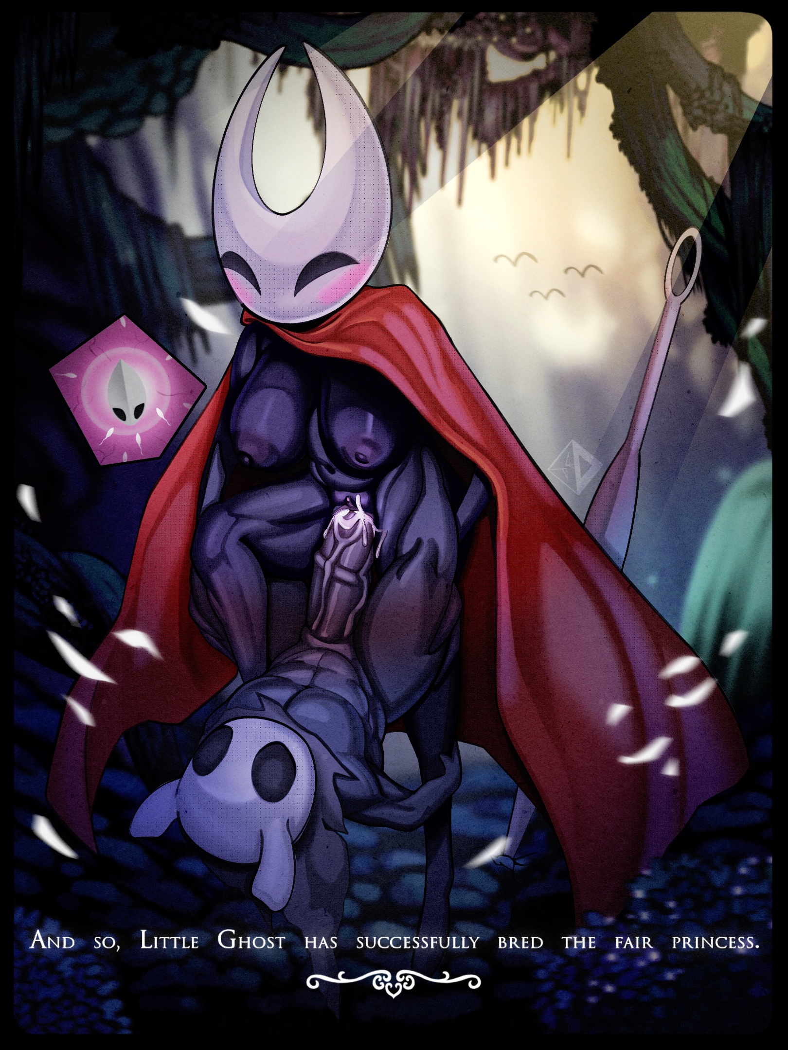 1boy, 1girls, 2025, alternate version available, amazon position, anthro, areolae, artist logo, bigger female, blush, breasts, breeding, brother and sister, cum, cum in pussy, cum inside, curvy, curvy female, dark skin, digital drawing (artwork), digital media (artwork), dominant female, female, forest, hi res, holding legs, hollow knight, hollow knight: silksong, hornet (hollow knight), impregnation, inbreeding, incest, insects, internal, large breasts, large penis, male, muscular, muscular male, nipples, nude, penetration, penis, princess, pussy, sex, siblings, size difference, smaller male, sperm cell, splooshiidood, standing, submissive male, sunlight, team cherry, text, the knight (hollow knight), vaginal penetration, vines