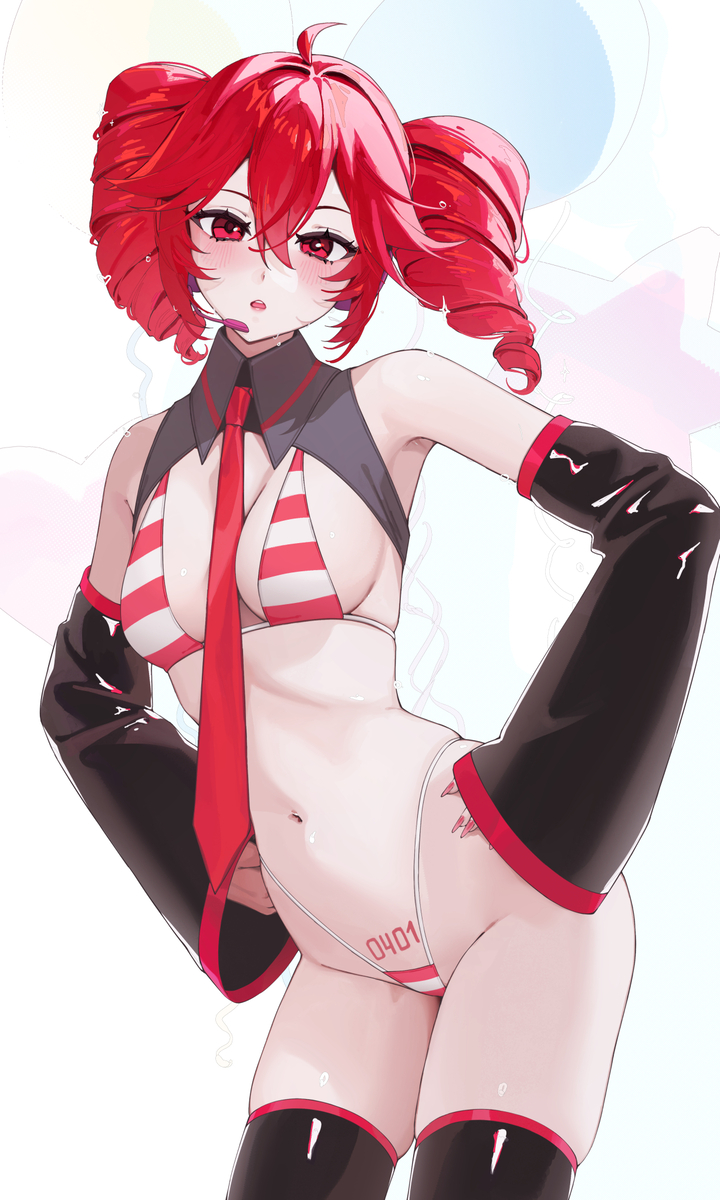 1girls, 2d, 2d (artwork), ahoge, armpits, belly, big thighs, bikini, blush, blush lines, breasts, curvaceous, curvy, curvy female, curvy figure, detached collar, detached sleeves, female, female only, g-string, hands on hips, headgear, kasane teto, large thighs, long nails, medium breasts, micro bikini, nail polish, navel, necktie, open mouth, painted nails, pelvic tattoo, petite, petite body, petite female, plump, plump thighs, posing, pubic tattoo, red eyes, red hair, red nails, simple background, skindentation, skinny, skinny female, slim female, slim waist, solo, solo female, striped bikini, tattoo, thick thighs, thighs, twin drills, utau, waytok, white background, wide hips