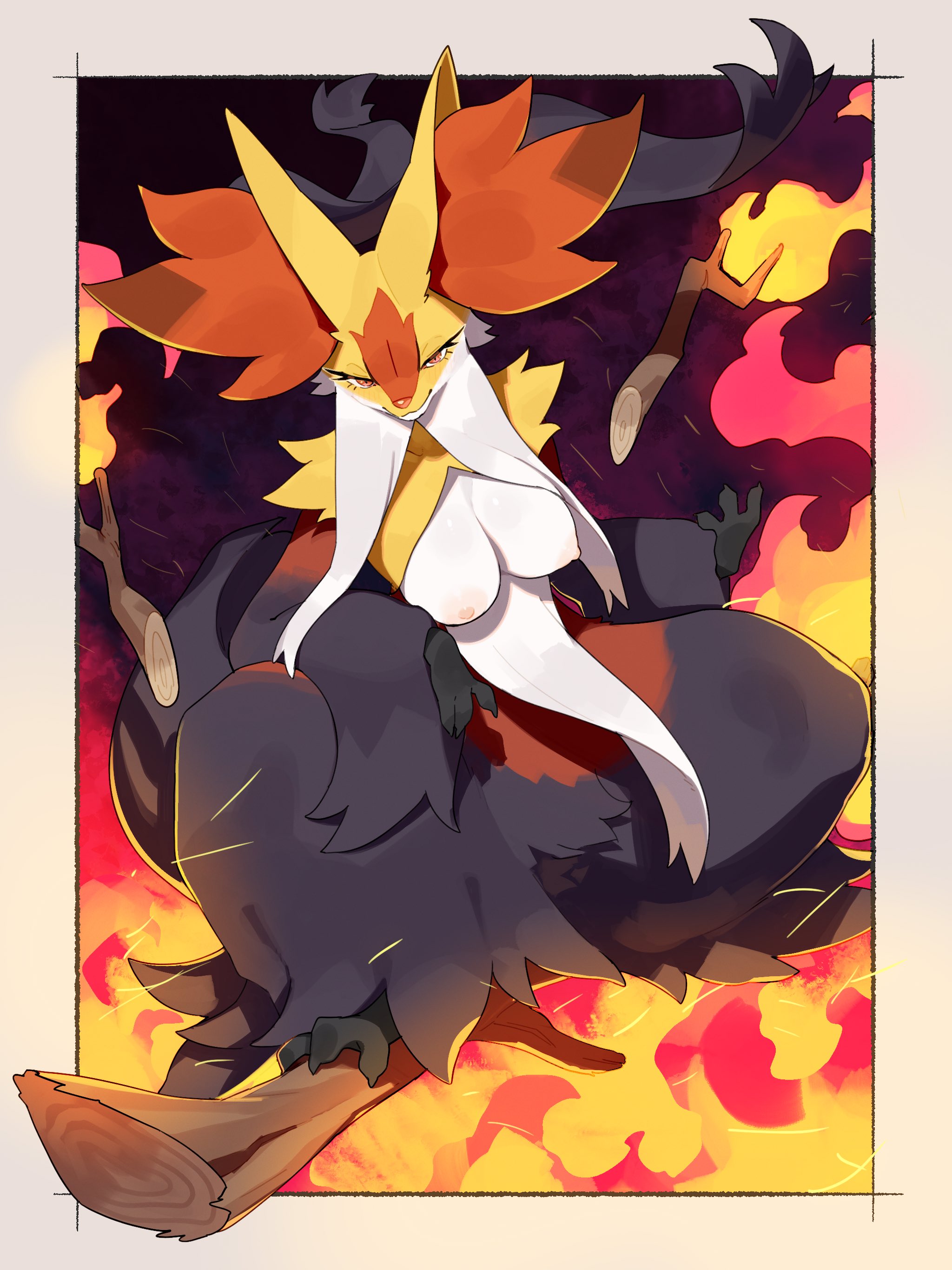 2025, 3 fingers, 3 toes, absurd res, anthro, areola, biped, breasts, canid, canine, claws, delphox, digital drawing (artwork), digital media (artwork), feet, female, female only, finger claws, fingers, fire, front view, fur, grey body, grey fur, hi res, inner ear fluff, kame 3, looking at viewer, mahoxy, mega delphox, mega evolution, mega mahoxy, nintendo, nipples, nude, nude anthro, nude female, pokemon, pokemon (species), red body, red eyes, red fur, smile, solo, standing, toe claws, toes, tuft
