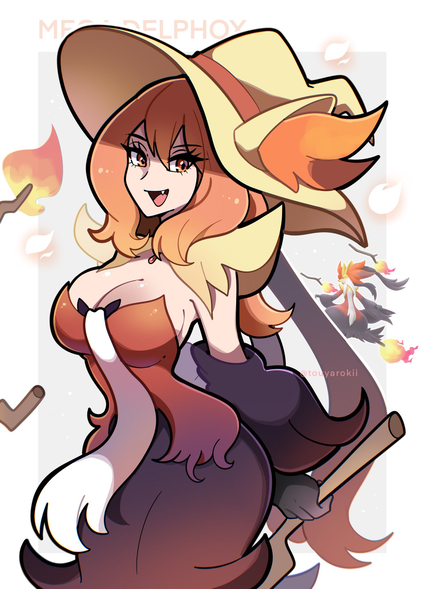 1girls, big breasts, breasts, delphox, female, game freak, human, human female, human form, humanized, humanized pokemon, looking at viewer, mahoxy, mega delphox, mega mahoxy, nintendo, pokemon, pokemon (species), pokemon legends: z-a, red eyes, red hair, solo, touyarokii, wand, wide hips, witch, witch hat