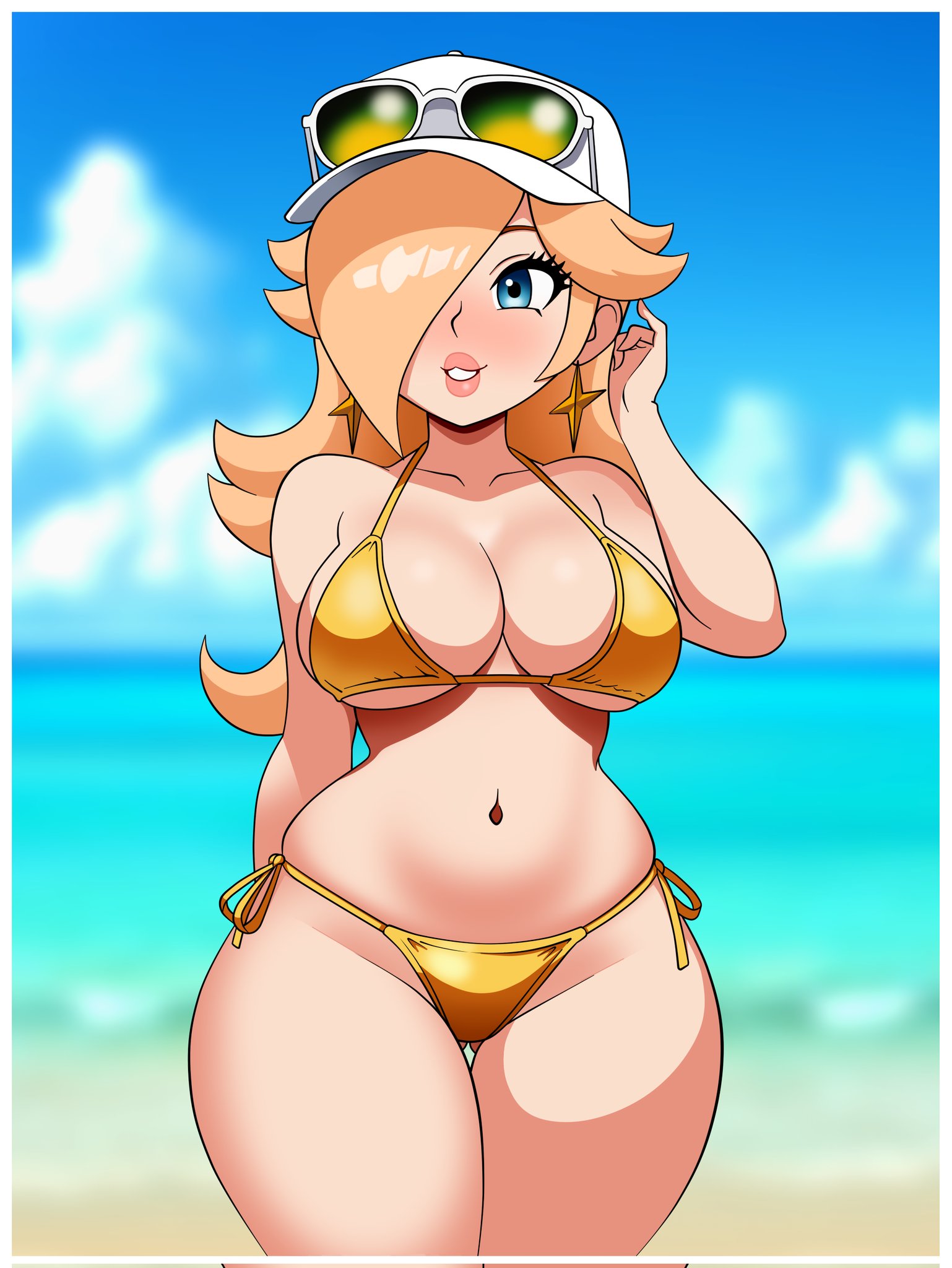 1girls, beach, bikini, blonde hair, blue eyes, blurry, blurry background, border, breasts, cleavage, day, depth of field, earrings, female, female only, hair over one eye, jewelry, large breasts, lips, long hair, looking at viewer, mario (series), navel, ocean, parted lips, princess rosalina, side-tie bikini, solo, star (symbol), star earrings, swimsuit, thigh gap, woomy1010, yellow bikini
