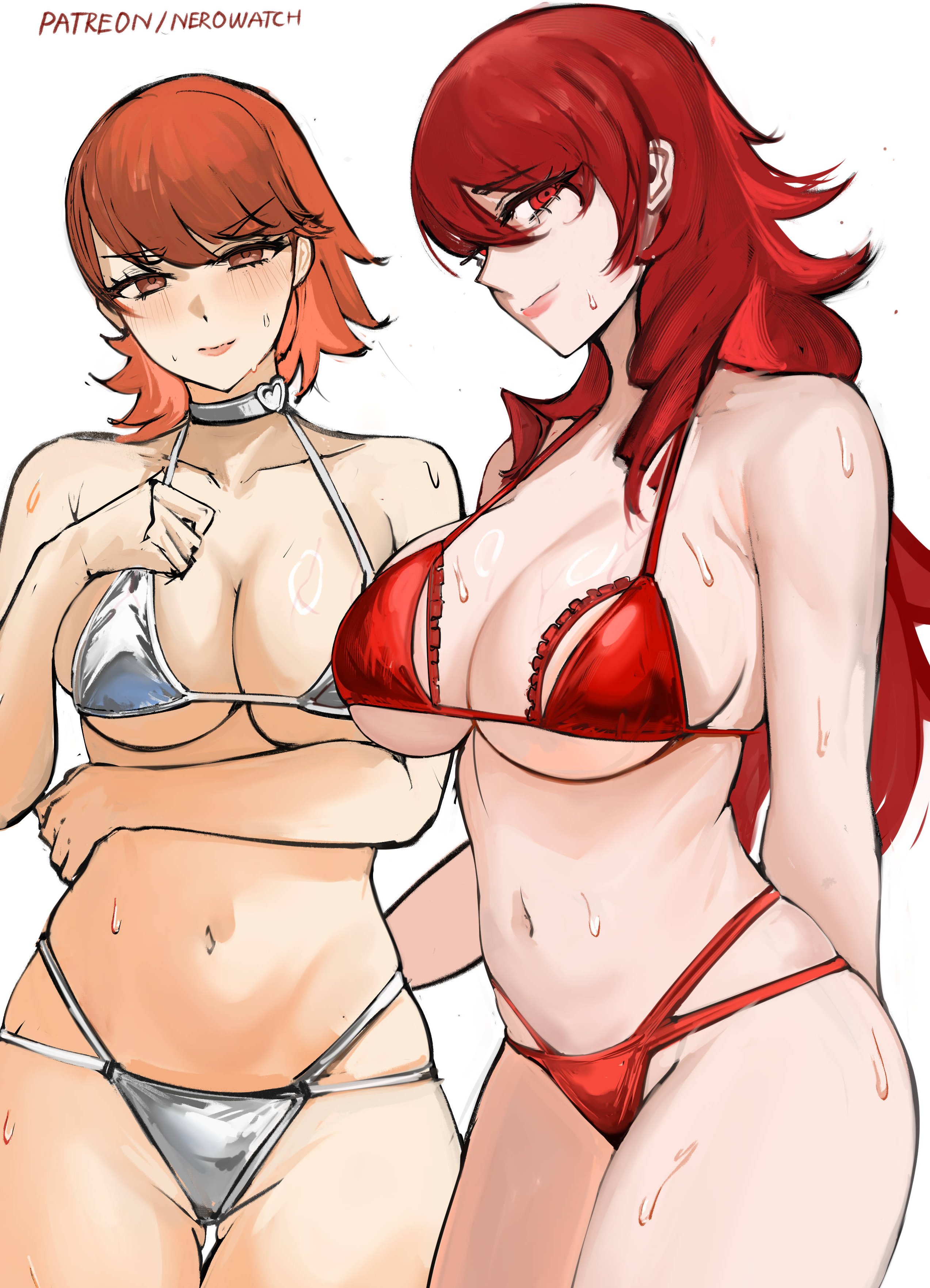 2girls, absurdres, alternate version available, big breasts, bikini, blush, breasts, brown eyes, brown hair, choker, cleavage, closed mouth, female, female only, grey bikini, hair over one eye, heart, heart choker, highres, huge breasts, large breasts, long hair, looking at viewer, megami tensei, mitsuru kirijo, multiple females, multiple girls, navel, nero watch, persona, persona 3, red bikini, red eyes, red hair, short hair, silver bikini, simple background, smile, stomach, sweat, sweatdrop, swimsuit, white choker, yukari takeba