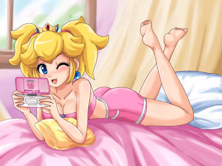 ass, barefoot, bed, blonde hair, bra, breasts, cute, feet, mario (series), nintendo, nintendo ds, not porn, princess peach, safe, sfw, shorts, sigurdhosenfeld, summer, twintails
