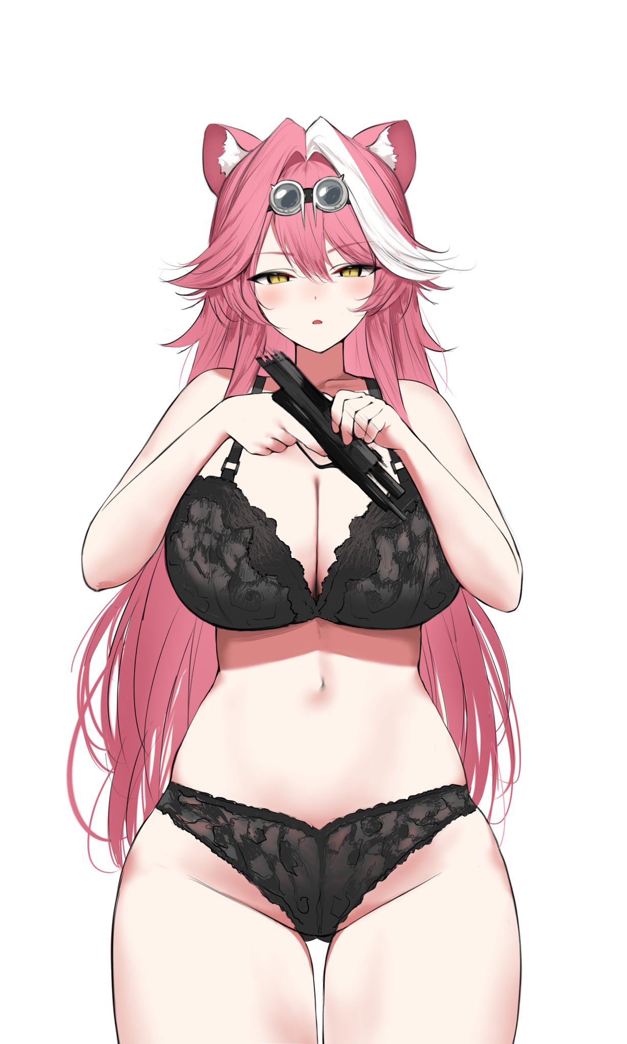animal ears, black bra, black panties, blush, bra, breasts, cleavage, commentary, eyeshadow, female, goggles, goggles on head, groin, gun, hair intakes, hashtag-only commentary, highres, holding, holding gun, holding weapon, hololive, hololive english, hololive english -justice-, huge breasts, lingerie, long hair, makeup, mulhubs, multicolored hair, navel, open mouth, panther ears, panther girl, panties, pink eyeshadow, pink hair, raora panthera, simple background, solo, stomach, streaked hair, thighs, two-tone hair, underwear, virtual youtuber, weapon, white background, yellow eyes