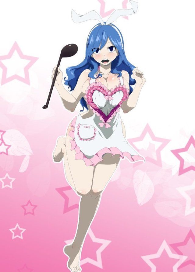1girls, blue hair, blue-haired female, fairy tail, female, happy, juvia lockser, ladle, lexus (artist), naked apron, tagme