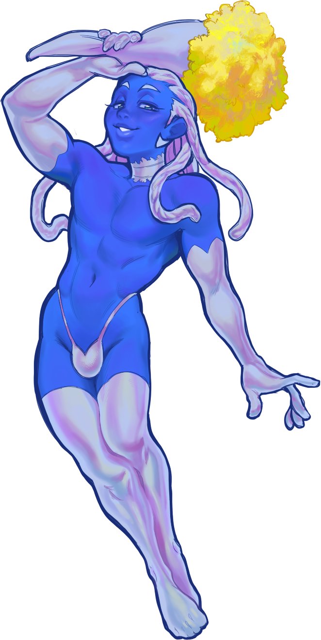 1boy, blue (deltarune), blue skin, blue skinned male, bouquet, bulge, deltarune, deltarune chapter 5, elbow gloves, girly boy, half-closed eyes, highleg panties, holding bouquet, modeseven, parted lips, simple background, smile, thigh highs, toned male, white hair