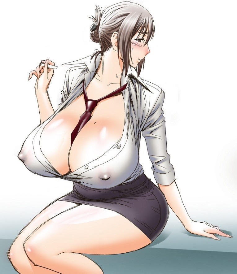 1girls, beauty mark, big breasts, blouse, breasts, business suit, cleavage, erect nipples, eyelashes, eyeliner, female, female only, huge breasts, long hair, makeup, microskirt, miniskirt, mole, nipples, nipples visible through clothing, office lady, open shirt, see-through, shirt, silver hair, skirt, sweat, tatsunami youtoku, tie, wide hips