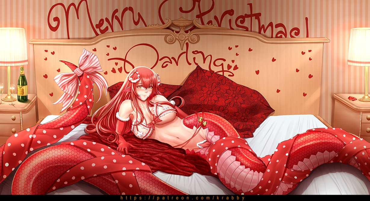 1girls, bed, breasts, champagne, christmas, christmas hat, christmas outfit, cleavage, female, female only, heart, krabby (artist), lamia, lamp, large breasts, long hair, lying on bed, miia (monster musume), monster girl, monster musume no iru nichijou, naga, patreon, patreon reward, patreon username, pillow, rattle, red hair, ribbon, scalie, text, tumblr, wide hips, writing on wall, yellow eyes