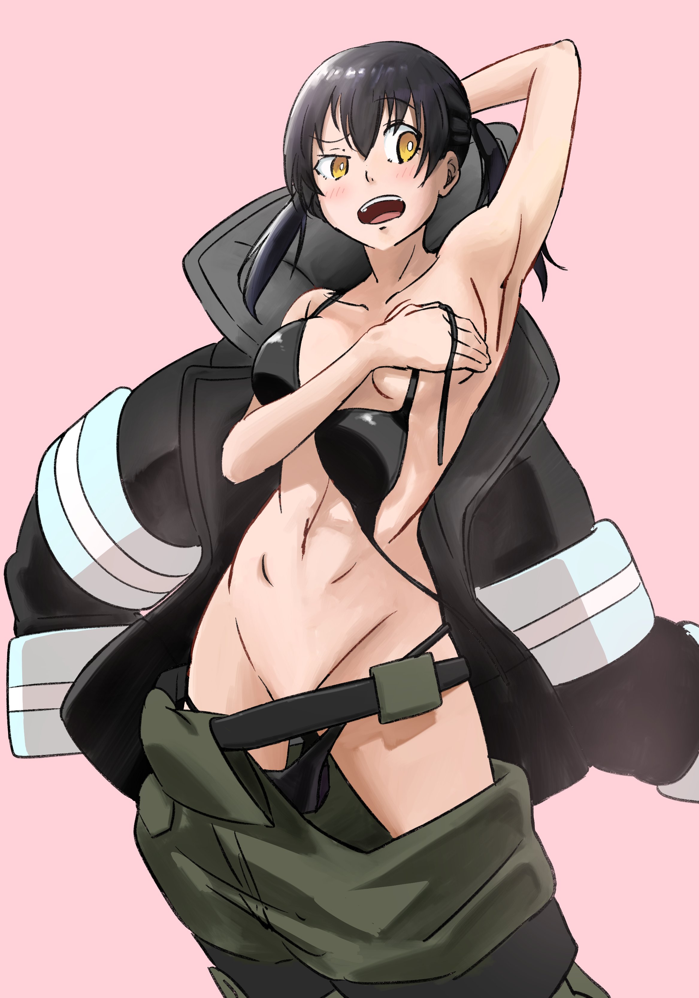 1girls, alternate version at source, alternate version available, armpit, armpit crease, armpit peek, armpits, bare armpits, bare arms, bare belly, bare chest, bare hands, bare hips, bare legs, bare midriff, bare navel, bare shoulders, bare skin, bare thighs, belly, belly button, bikini, bikini top, black bikini, black bikini top, black hair, black hair female, black string bikini, black swimsuit, black swimwear, blush, blush face, blushing female, blushing lines, breasts, busty, busty female, busty teenager, collarbone, curvaceous, curvaceous body, curvaceous female, curvaceous figure, curvaceous hips, curvaceous teenager, curvy, curvy body, curvy female, curvy figure, curvy hips, digital, digital art, digital drawing, digital drawing (artwork), digital media, digital media (artwork), elbows, enen no shouboutai, exposed armpits, exposed arms, exposed belly, exposed chest, exposed hips, exposed legs, exposed midriff, exposed navel, exposed shoulders, exposed skin, exposed thighs, eyebrows visible through hair, female, female focus, female only, fingers, fire force, firefighter, firefighter coat, firefighter helmet, firefighter jacket, firefighter uniform, groin, hair between eyes, hairless armpits, half naked, half nude, high resolution, highres, hourglass figure, inguinal crease, inguinal ligament, kotatsu tamaki, large breasts, lean figure, linea alba, long hair, midriff, mu2, naked, naked female, naked woman, narrow waist, navel, nude, nude female, nudity, open mouth, orange eyes, orange eyes female, parted lips, pink background, posing, posing for the viewer, semi nude, shaved armpits, shoulders, simple background, slender body, slender waist, slim waist, solo, standing, stomach, string bikini, swimsuit, swimwear, teenage female, teenager, thick thighs, thighs, tongue, twintails, twintails (hairstyle), upper body, upper teeth, white pupils, wide hips, young female, young woman