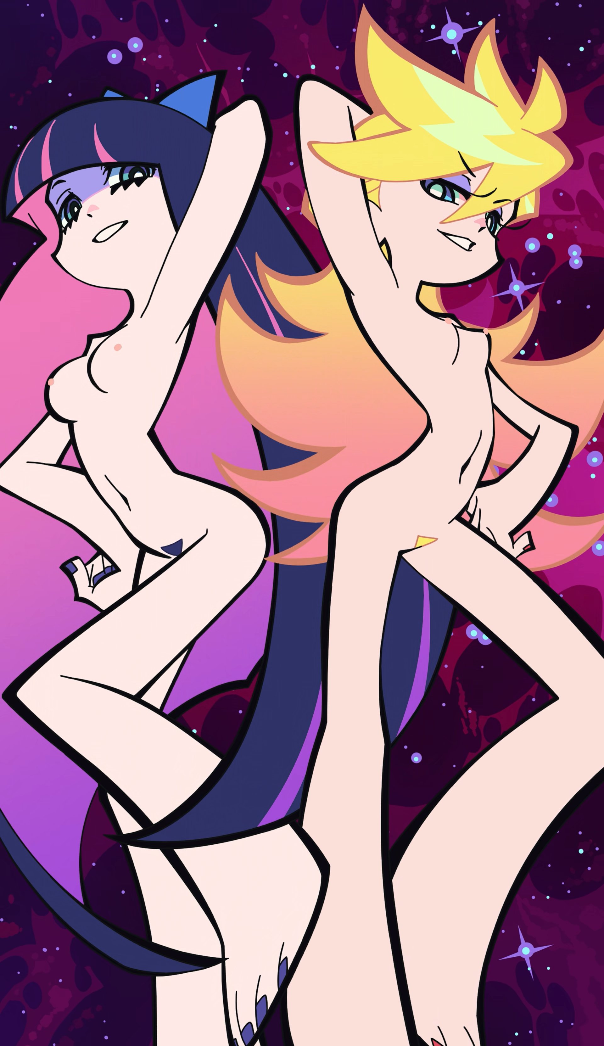 2girls, angel, angel girl, blonde hair, blue eyes, blue hair, breasts, cartoon, casual, emo, female, female only, goth, human, long hair, naked, nude, nudist, official art, painted nails, painted toenails, pale skin, panty & stocking with garterbelt, panty anarchy, pubic hair, purple hair, screencap, screenshot, sexy, sexy pose, solo female, stocking anarchy, studio trigger, toony, very long hair