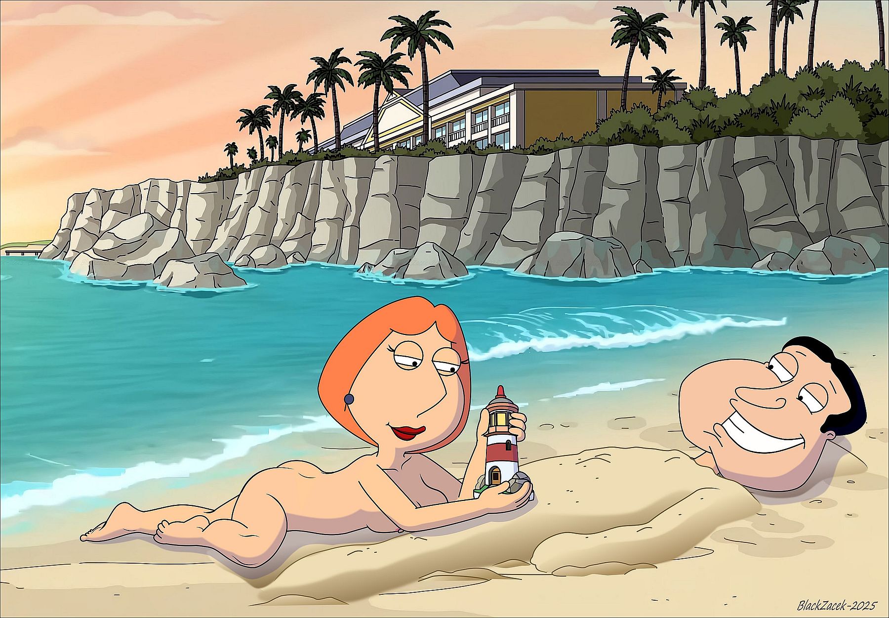 accurate art style, barefoot, beach, blackzacek, family guy, female, glenn quagmire, lois griffin