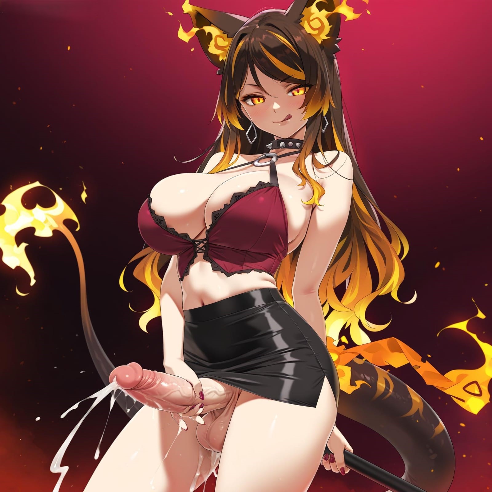 1futa, abs, ai generated, big breasts, black skirt, breasts, brown hair, cat ears, cleavage, cum, cumming, fire hair, futa only, futanari, intersex, light-skinned futa, long hair, looking at viewer, masturbation, nameless gooner, orange hair, red topwear, seductive look, self upload, shoulders, sinder (vtuber), standing, tail, thighs, virtual youtuber, vtuber, yellow eyes