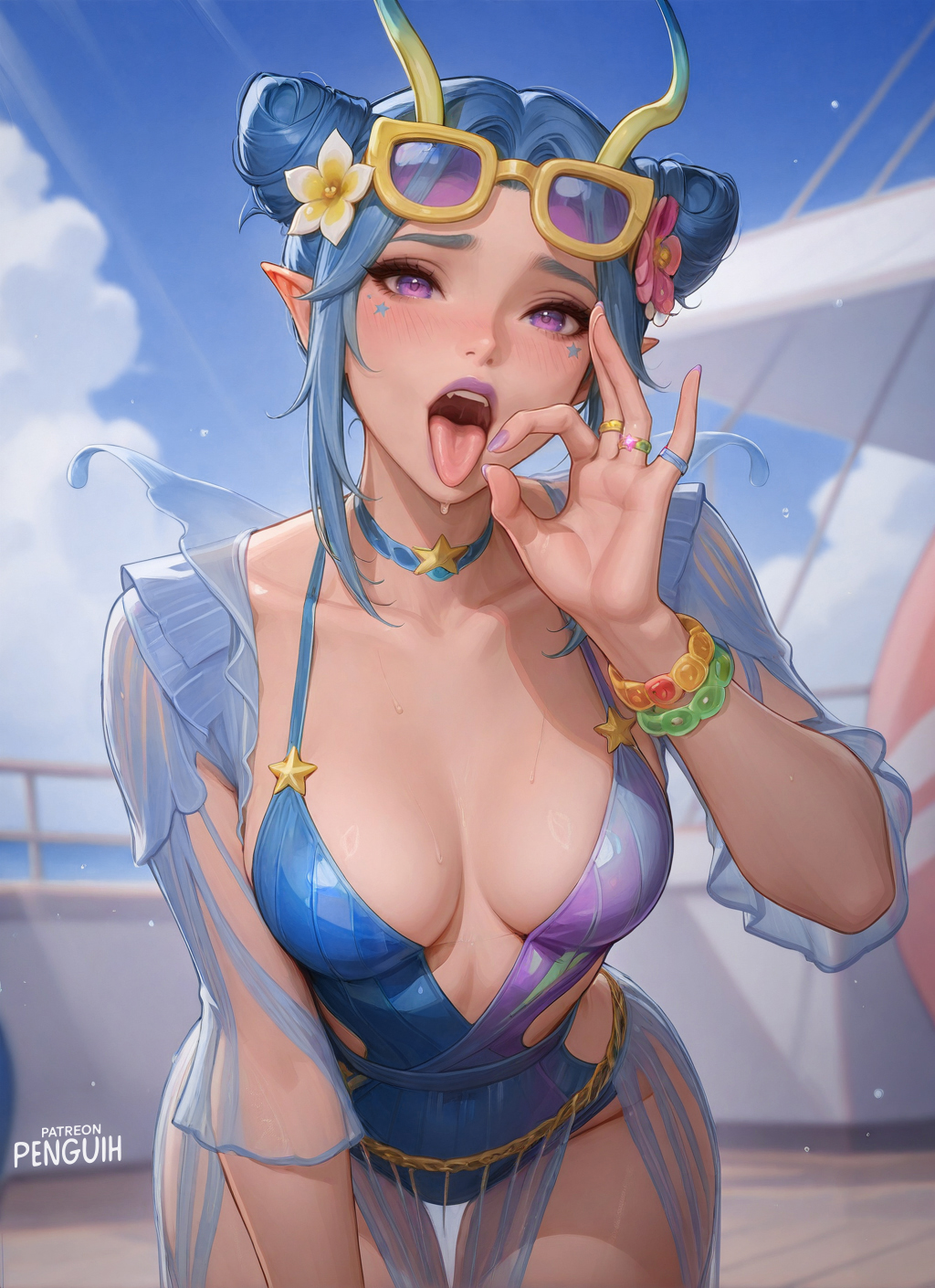 1girls, ai generated, alien girl, blue hair, blush, breasts, cleavage, fellatio gesture, female, mantis (marvel rivals), mantis (marvel), mantis (oceanic harmony), marvel, marvel comics, marvel rivals, official alternate costume, open mouth, penguih, purple eyes, swimsuit, tongue